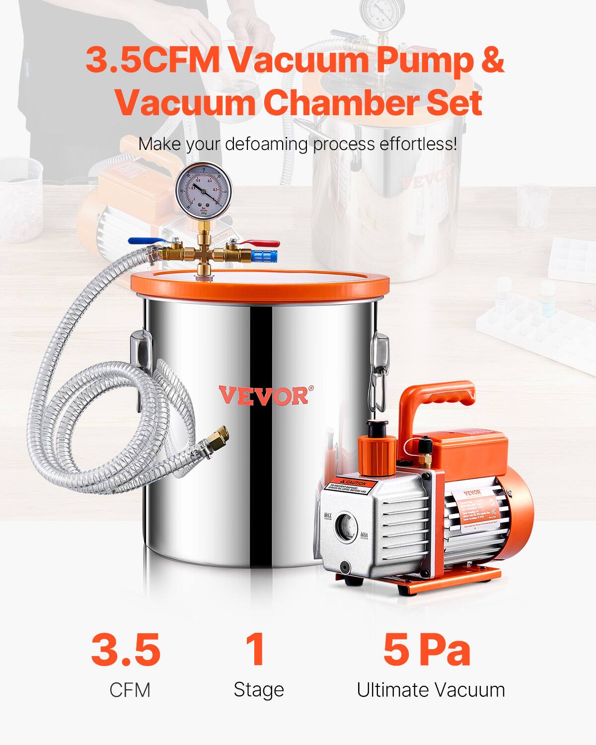 3.5CFM Vacuum Pump & Vacuum Chamber Set  
Make your defoaming process effortless!  

VEVOR  
3.5 CFM  
1 Stage  
5 Pa Ultimate Vacuum