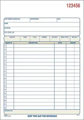 123456
CUSTOMER'S ORDER NO
DEPARTMENT
DATE
NAME
ADDRESS
CITY STATE ZIP
SOLD BY
CASH
COD
CHANGE
ON ACCT
MOZ RETL
PAID OUT
QUANTITY
DESCRIPTION
PRICE
AMOUNT
1
2
4
:
I
7
I
#
ford
11
54
FECENTO BY
KEEP THIS SLIP FOR REFERENCE