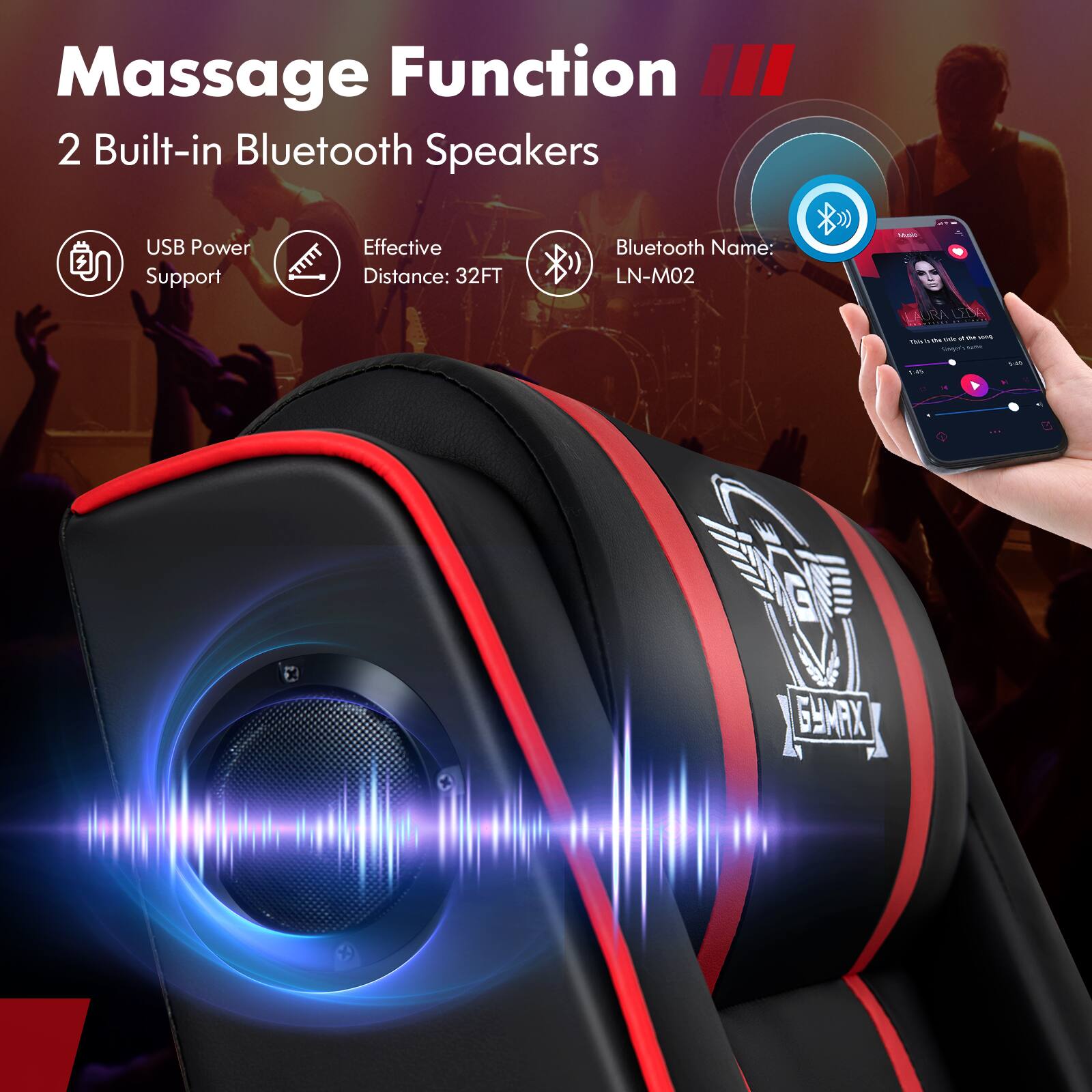 Massage Function: 2 Built-in Bluetooth Speakers USB Power Support Effective Distance: 32FT Bluetooth Name: LN-MO2