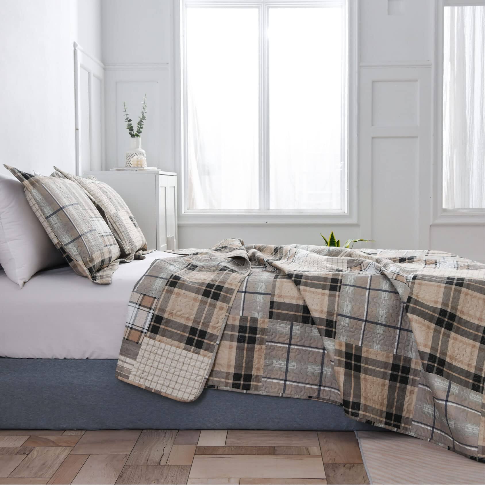 Alt View 3. Paradigms Interiors - Plaid Bedding Quilt Set Lightweight Patchwork Bedspread Breathable Microfiber Geometric Coverlet Check Bed ... - Brown Coffee-King (106 in x 96 in).