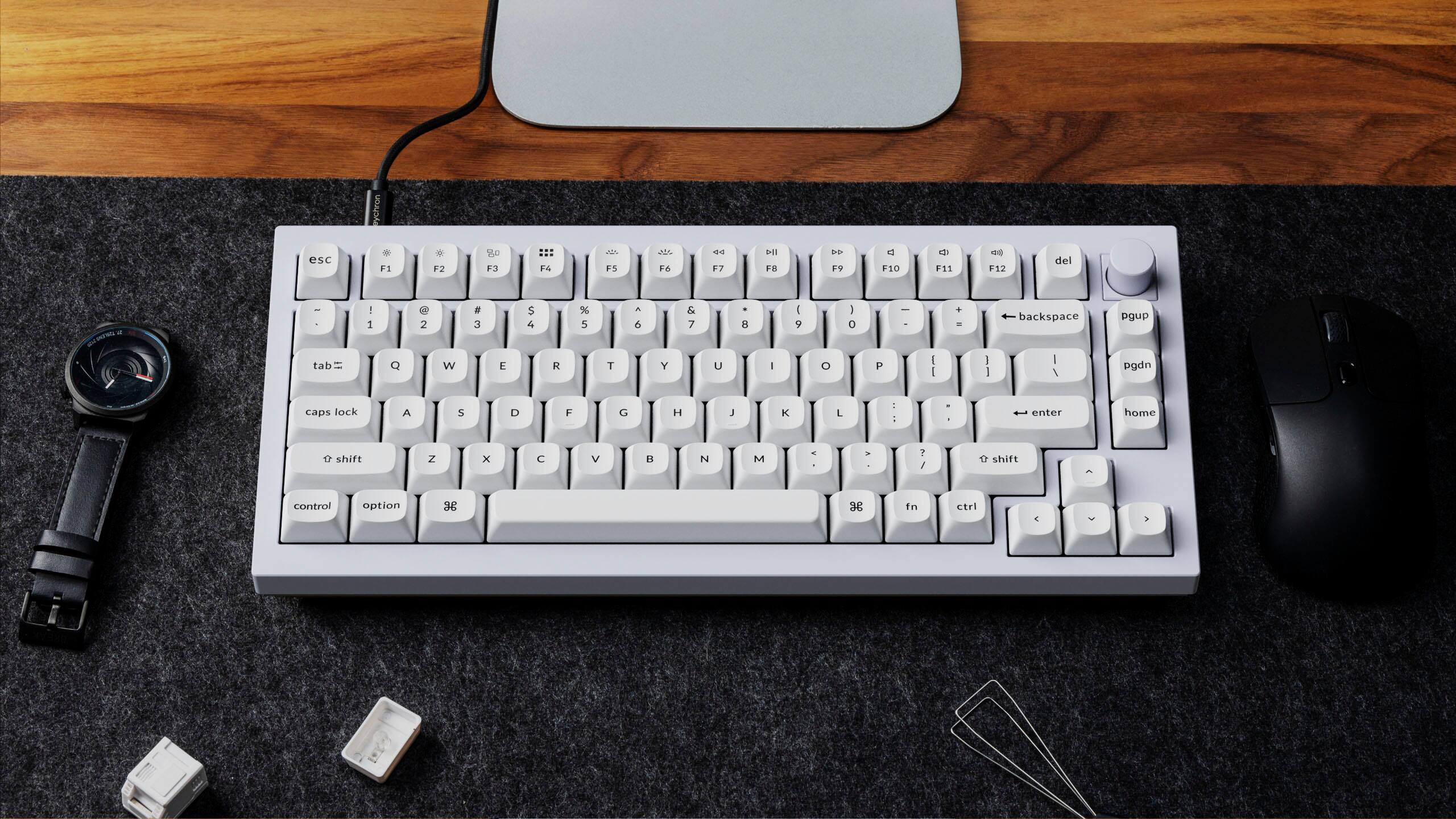 The text on the image is a list of keys on a keyboard. The keys are grouped as follows:

1. Function keys (F1-F12)
2. Numeric keys (1-9)
3. Alphanumeric keys (a-z, A-Z)
4. Modifier keys (shift, control, option, command)
5. Navigation keys (home, end, page up, page down, arrow keys)
6. Numeric pad keys (0-9, +, -, /, \*)
7. Special keys (backspace, enter, caps lock)
8. Function keys with shift and control (F1-F12 with shift and control)

The image also shows a keyboard, mouse, and watch on a desk.