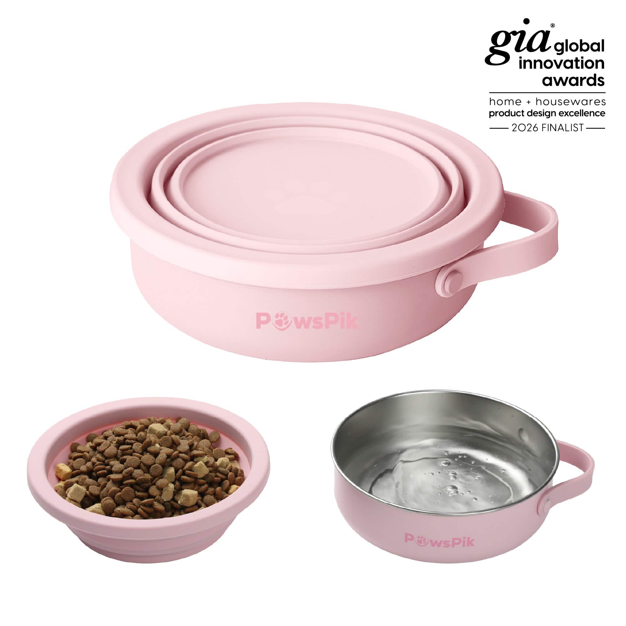 PawsPik - 2-in-1 18/8 Stainless Steel & Silicone Dog & Cat Travel Bowl - Cherry Blossom Pink