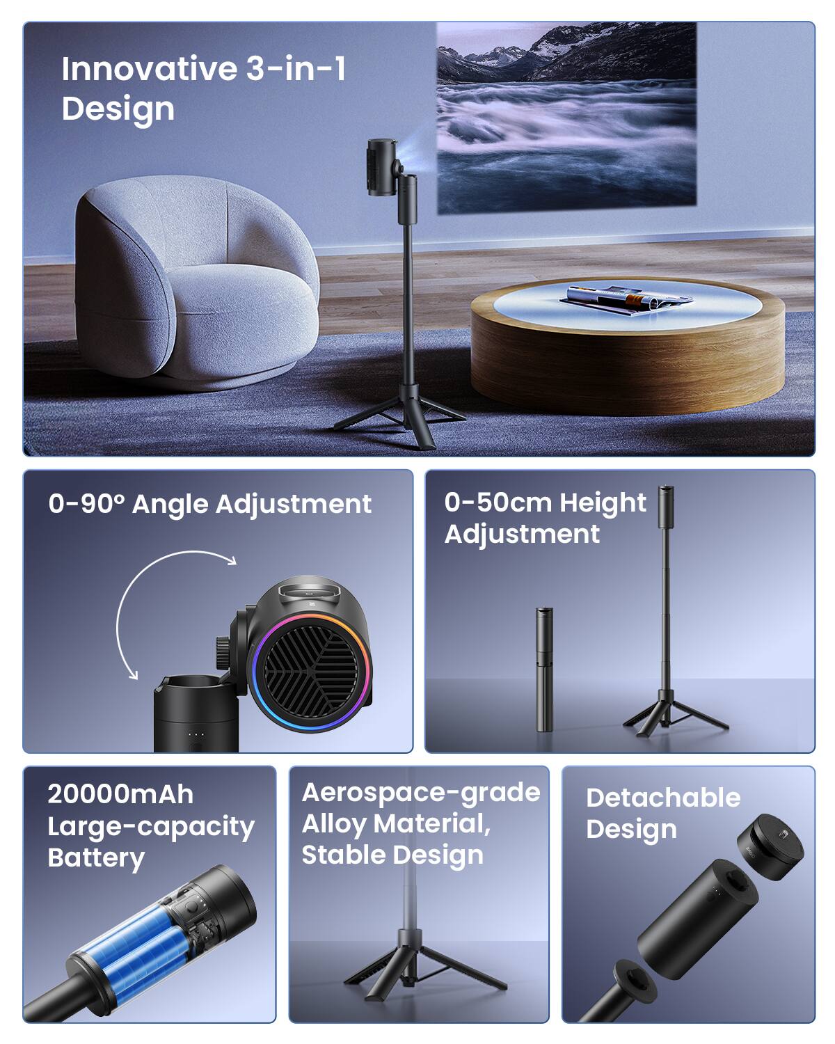 Innovative 3-in-1 Design

0-90° Angle Adjustment

0-50cm Height Adjustment

20000mAh Large-capacity Battery

Aerospace-grade Alloy Material, Stable Design

Detachable Design