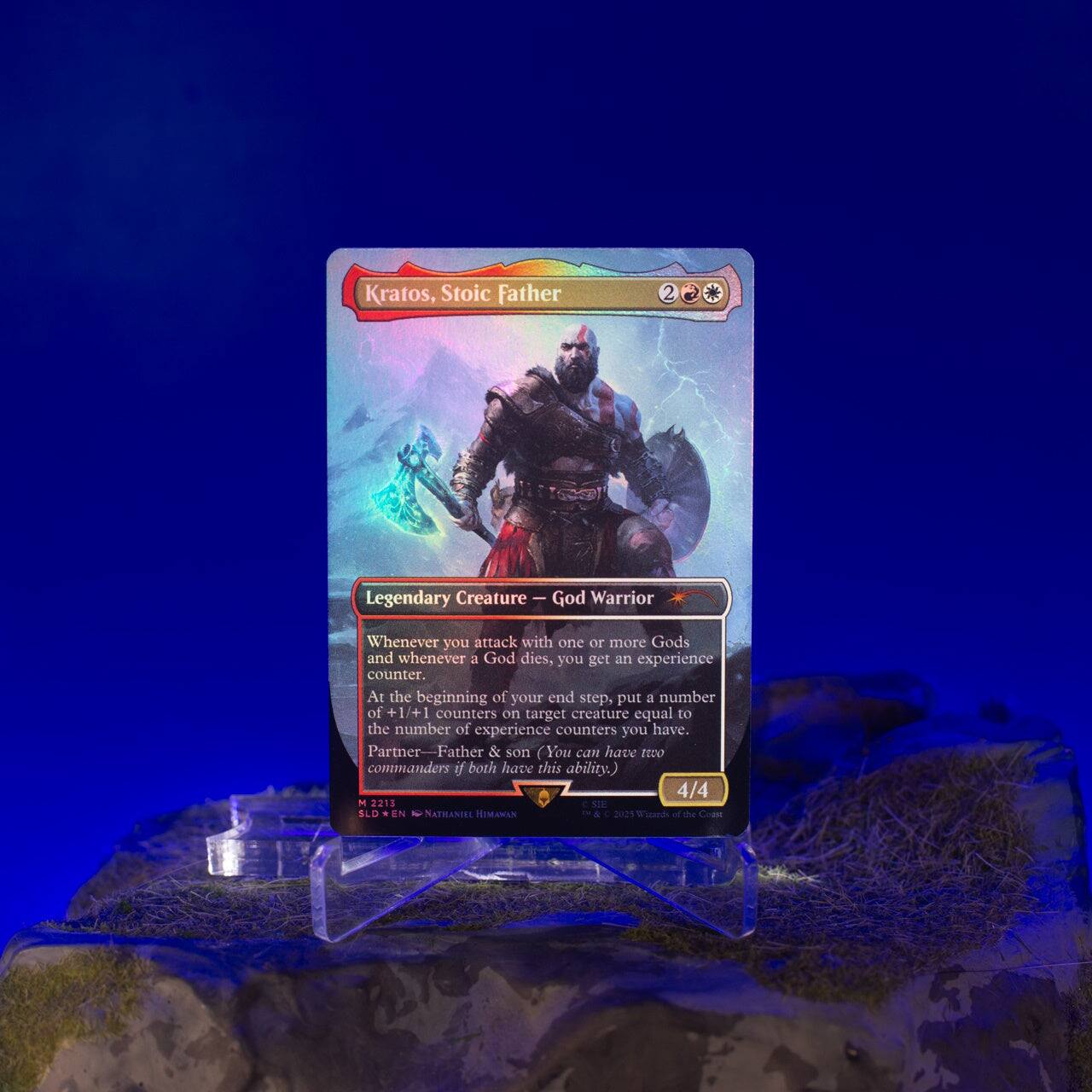 Kratos, Stoic Father  
2  
Legendary Creature - God Warrior  
Whenever you attack with one or more Gods and whenever a God dies, you get an experience counter. At the beginning of your end step, put a number of +1/+1 counters on target creature equal to the number of experience counters you have. Partner—Father & son (You can have two commanders if both have this ability.)  
4/4  
M 2213  
SIE SLD EN  
NATHANIEL HIMAMAN  
2015 Wizards Coast