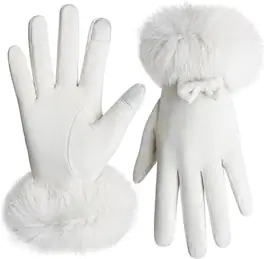 Cozy Serene - Women Touch Screen Gloves, Fleece Lined Winter Gloves for Ladies, Thermal Suede Gloves Fur Cuff for - White
