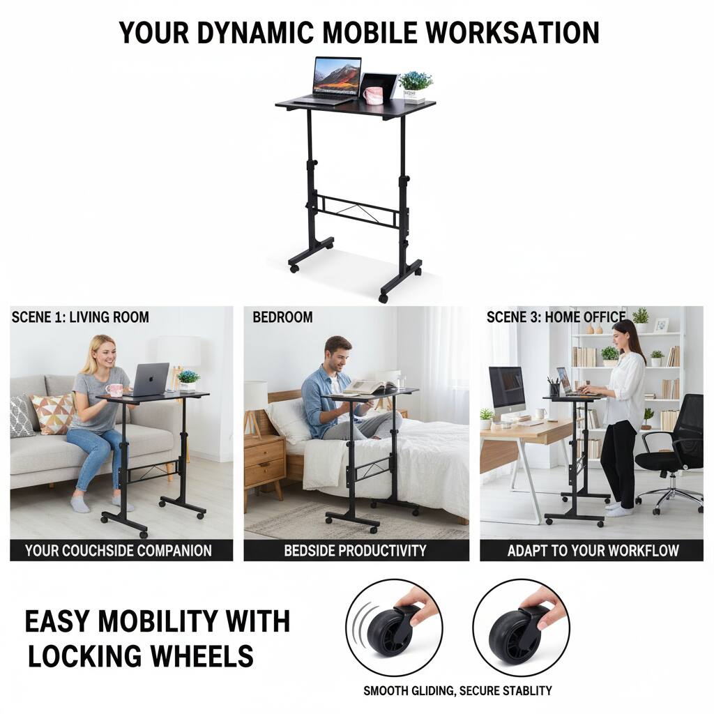 YOUR DYNAMIC MOBILE WORKSTATION

SCENE 1: LIVING ROOM  
YOUR COUCHSIDE COMPANION

SCENE 2: BEDROOM  
BEDSIDE PRODUCTIVITY

SCENE 3: HOME OFFICE  
ADAPT TO YOUR WORKFLOW

EASY MOBILITY WITH LOCKING WHEELS  
SMOOTH GLIDING, SECURE STABILITY