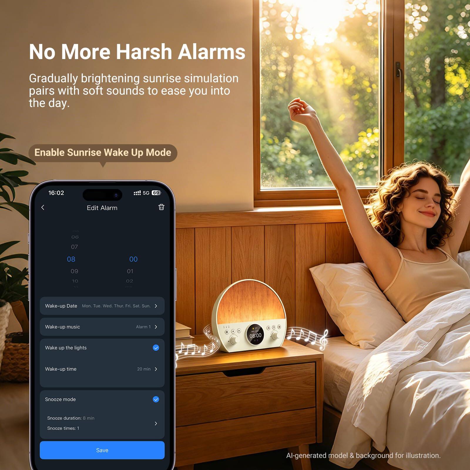 No More Harsh Alarms

Gradually brightening sunrise simulation pairs with soft sounds to ease you into the day.

Enable Sunrise Wake Up Mode

16:02 5G 40

Edit Alarm

06 07 08 00 09 01 10 02

Wake-up Date Mon Tue Wed Thur Fri Sat Sun

Wake-up music Alarm 1

08:00

Wake-up time 20 in Snooze mode

Snooze duration 6 min

Snooze times 1

Save

AI-generated model & background for illustration.