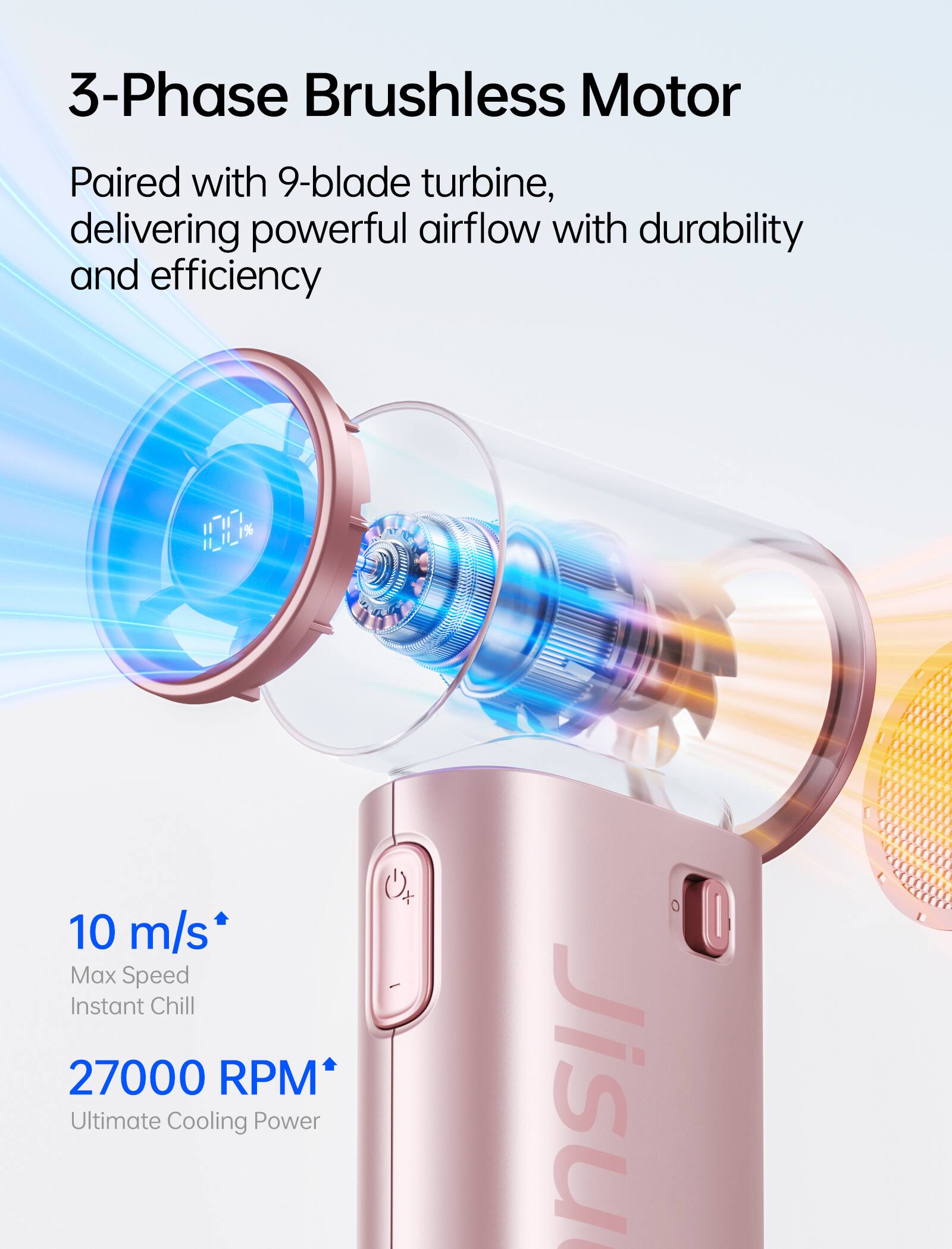 3-Phase Brushless Motor  
Paired with 9-blade turbine, delivering powerful airflow with durability and efficiency  

10 m/s Max Speed Instant Chill  
27000 RPM Ultimate Cooling Power