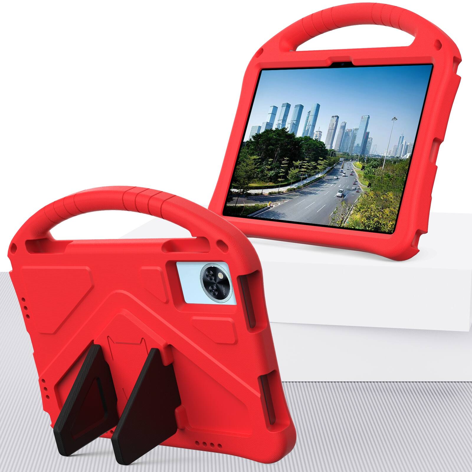 Angle. UUCOVER - Kids Case for Lenovo Idea Tab 11 inch (TB336) 2025 / Lenovo K11 Gen 2,Shockproof EVA Case Handle Kickstand Back Cover - Red.