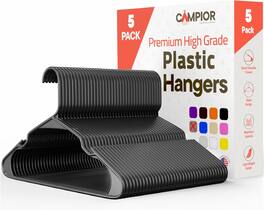 Campior - Plastic Hangers – 5-Pack, Heavy-Duty, Slim, Space-Saving, Non-Slip Notches, for Dresses, Suits, Jackets & More - Gray