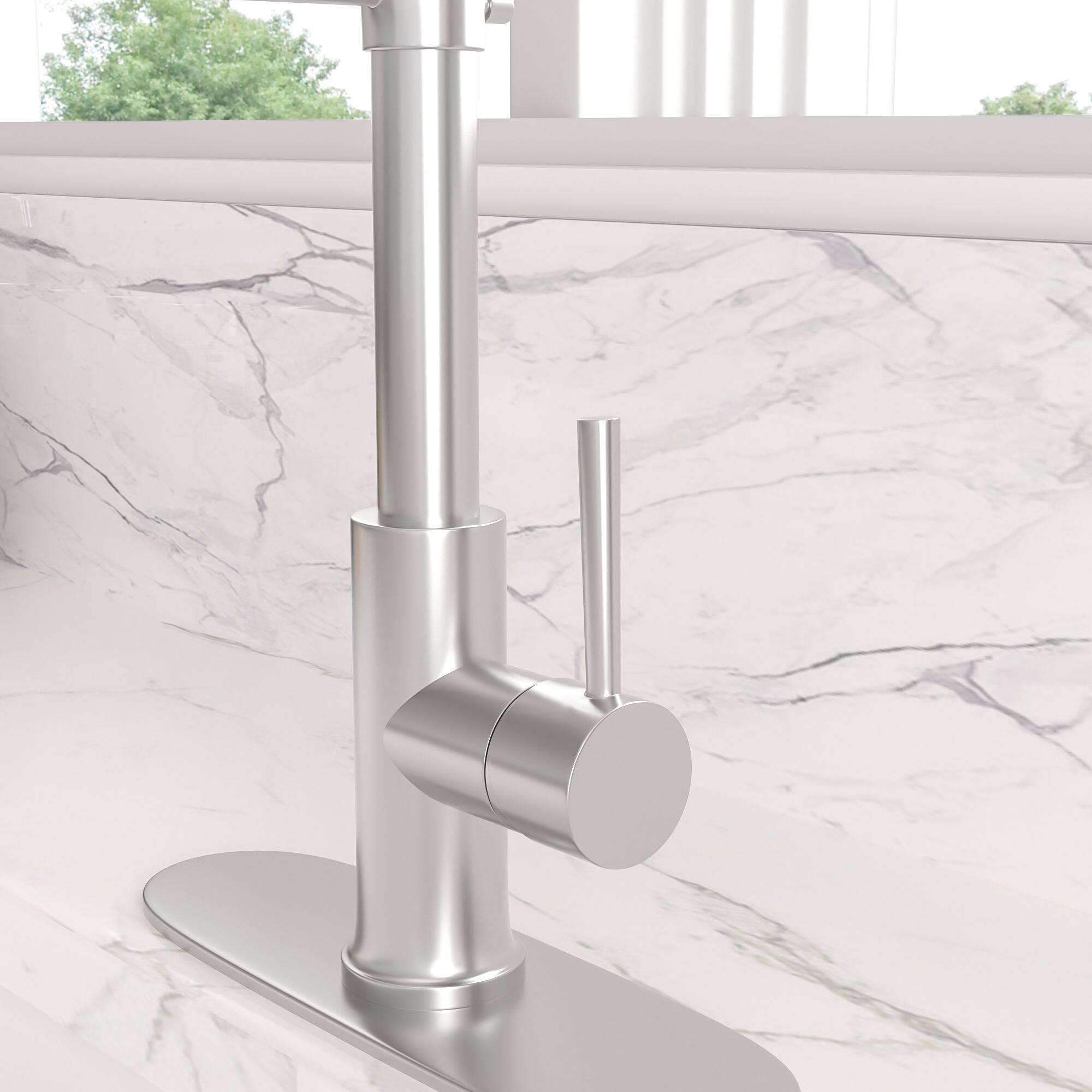 Left. Lordear - Commercial Kitchen Faucet with Dual Function Pull-Down Sprayhead in Brushed Nickel Finish - Brushed Nickel.
