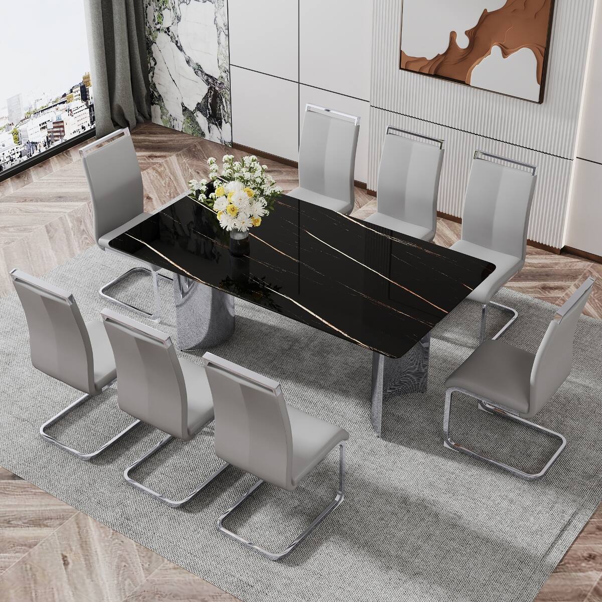 Alt View 9. Loheer - Loheer Black Faux Marble Glass Dining Table with Silver Metal Legs, Modern Minimalist Design - Black.