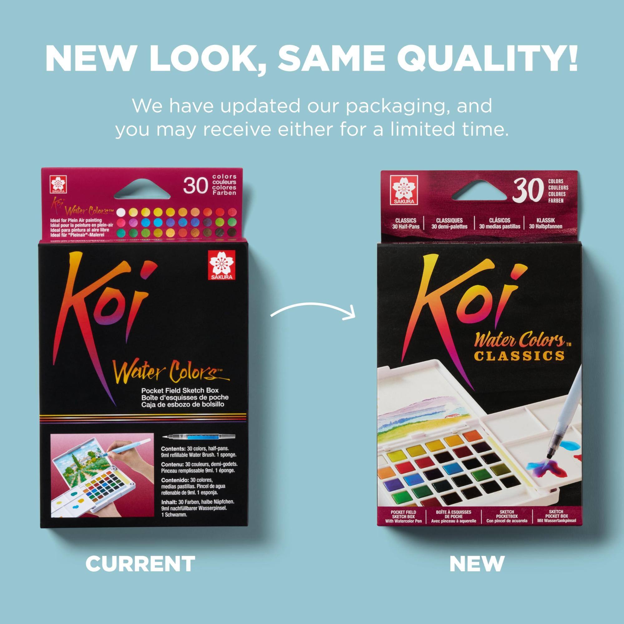 NEW LOOK, SAME QUALITY!  
We have updated our packaging, and you may receive either for a limited time.

colors couleurs 30 colores Farben Ket Weiter Coloriern Ideal for Plein Air painting dal pour peinture on plein-air Ideal para pintura 8 aire libre Ideal fr "Pleinair" SAKURA Kett Water Caja Bote Pocket de d'esquisses Field esbozo Colors Sketch de de bolsillo Box poche Contents: 30 colors, half-pans. 9ml refillable Water Brush. sponge. Contenu: 30 couleurs, demi godets. Pinceau remplissable 9ml. 1 ponge. Contenido: 30 colores, medias pastillas. Pincel de agua rellenable de 9ml. 1 esponja. Inhalt: 30 Farben, halbe Napfchen. 9ml nachfüllbarer Wasserpinsel. 1 Schwamm.

COLORS COULEURS SAKURA 30 COLORES FARBEN CLASSICS CLASSIQUES CLSICOS KLASSIK 30 Hall-Pans 30 demi- mi-p