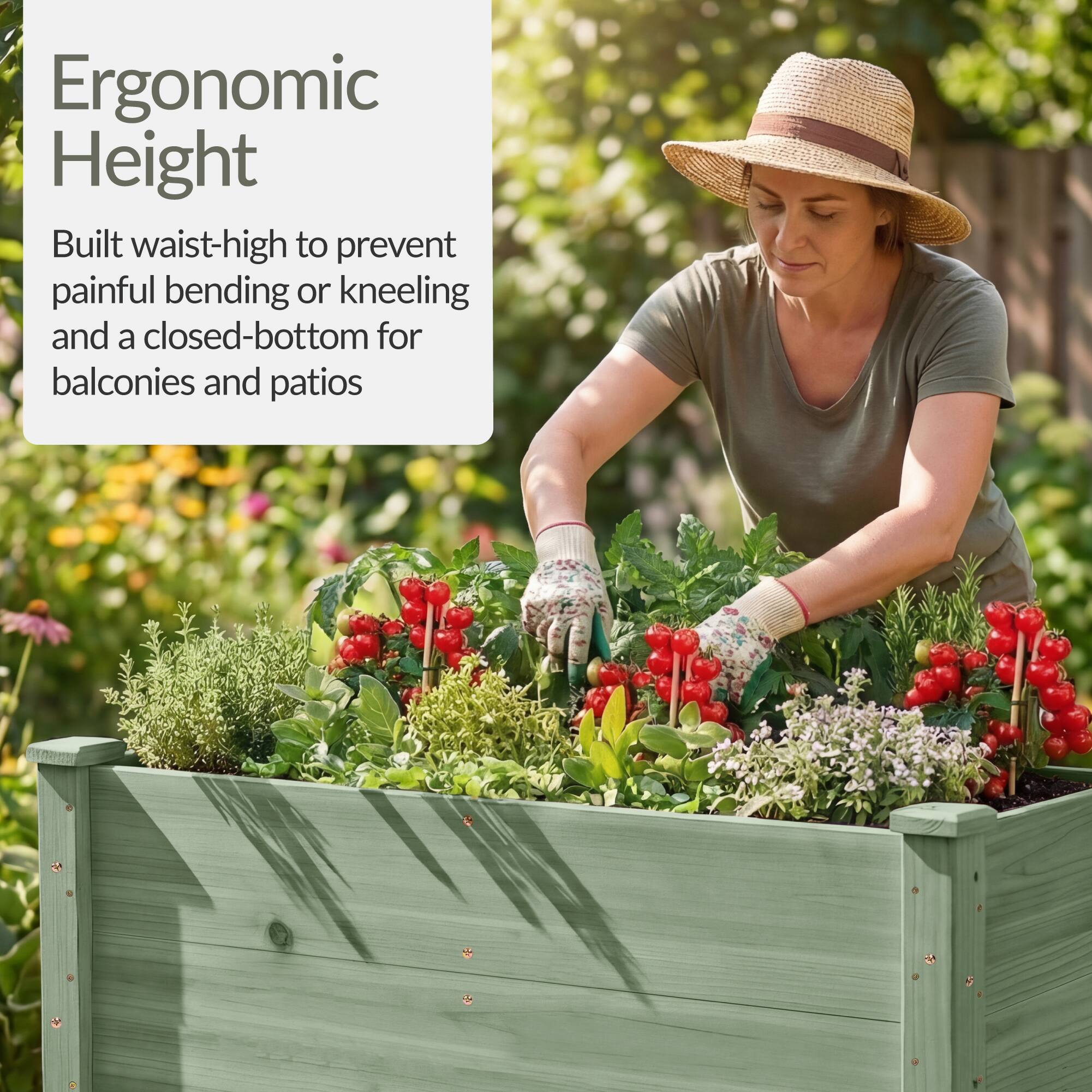 Ergonomic Height  
Built waist-high to prevent painful bending or kneeling and a closed-bottom for balconies and patios