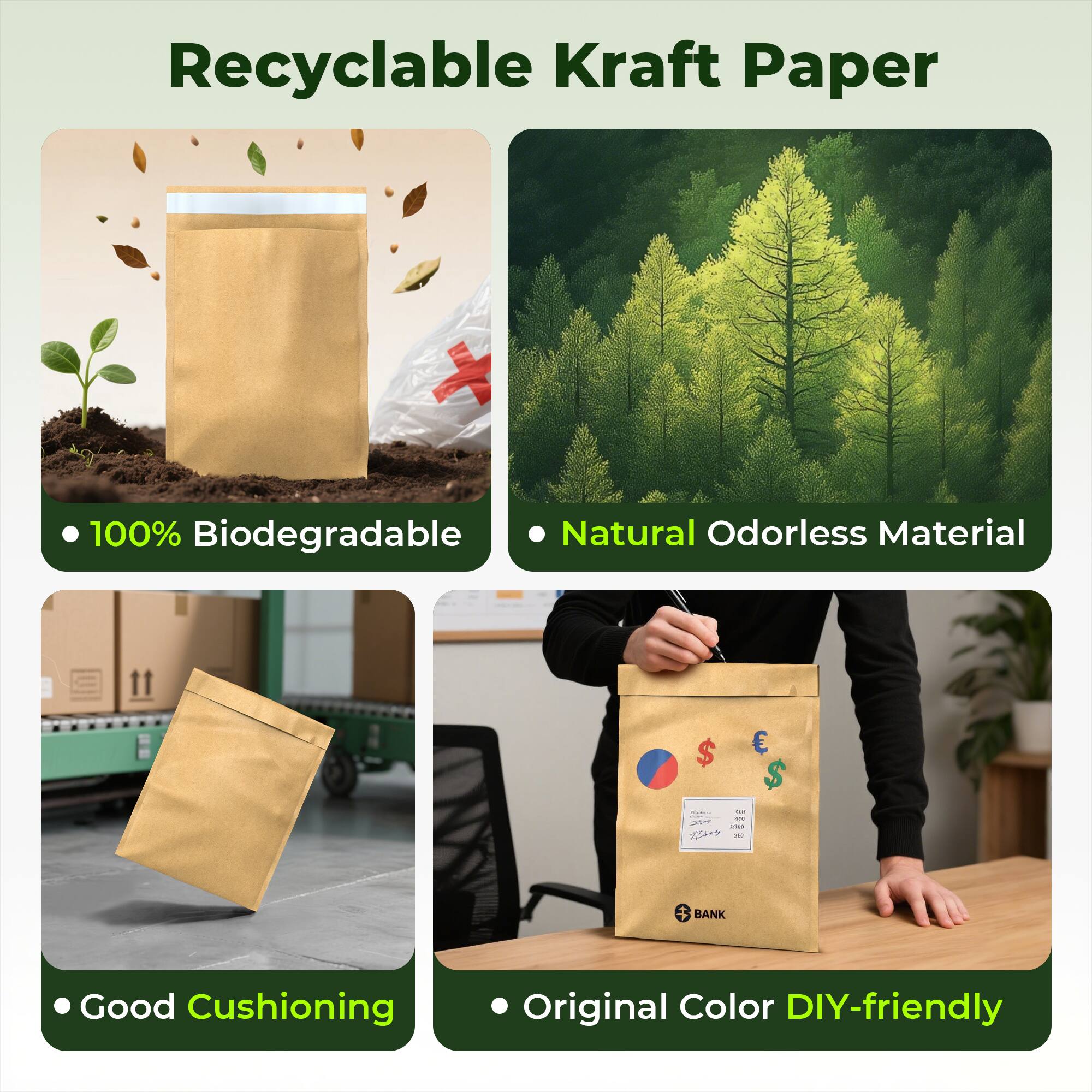 Recyclable Kraft Paper

- 100% Biodegradable
- Natural Odorless Material
- Good Cushioning
- Original Color DIY-friendly