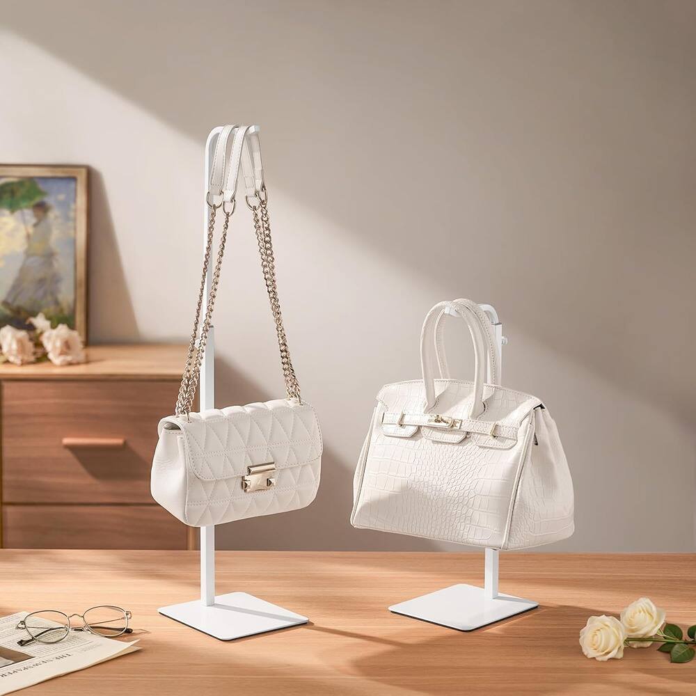 Angle. PARKER SLATER - 3-Pack White Purse Display Stands – Adjustable Hooks for Bags, Purses & Wreaths - White.
