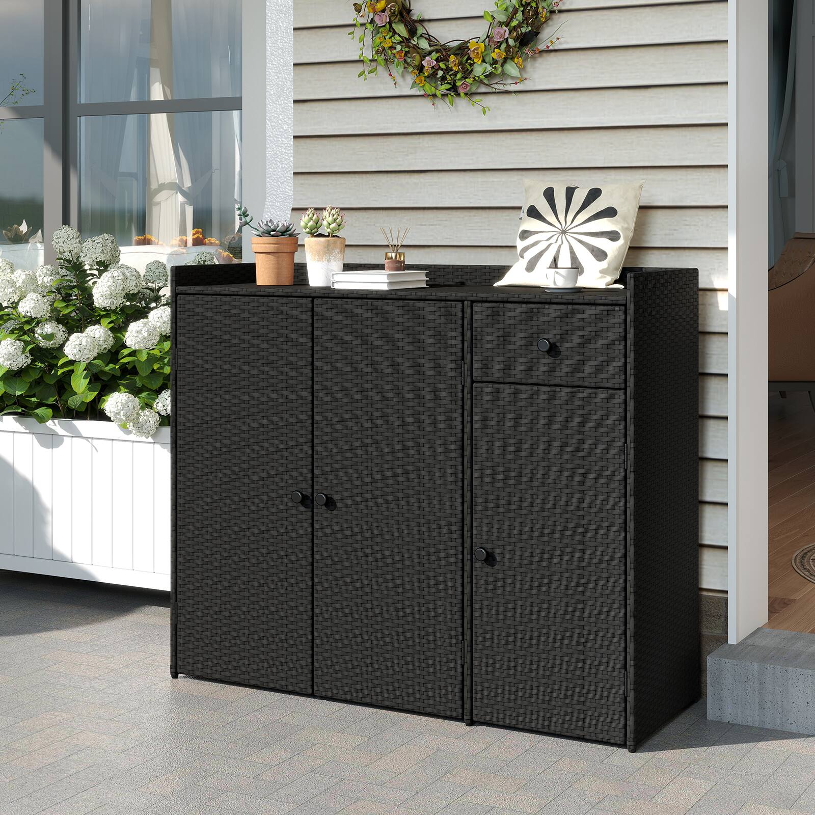 Alt View 4. Costway - Costway Outdoor PE Wicker Storage Cabinet with 3 Doors Adjustable Shelves and Drawer - Mix Black.