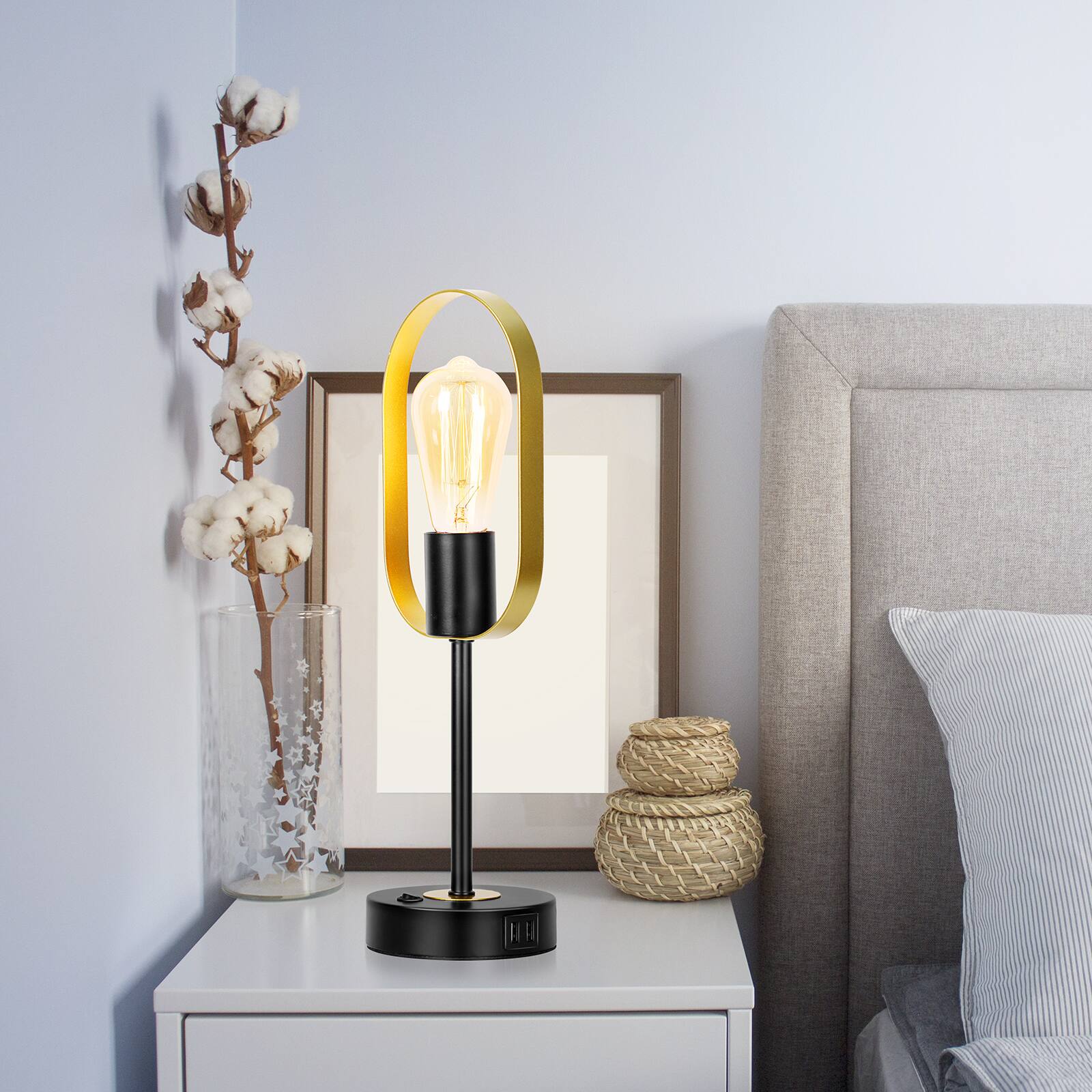 Back. Oumilen - Modern Oval Ring Table Lamp with USB & AC Outlet – Black & Gold Metal Desk Lamp for Bedroom.