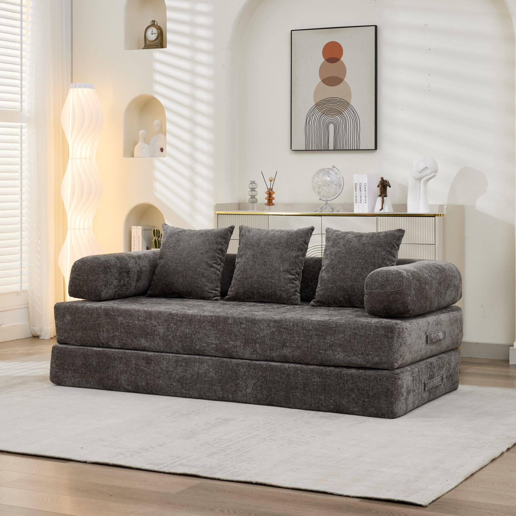 Back. GOODSILO - Convertible Folding Floor Sofa Bed with Armrests for Living Room, Bedroom, and Studio Lounging - Gray.