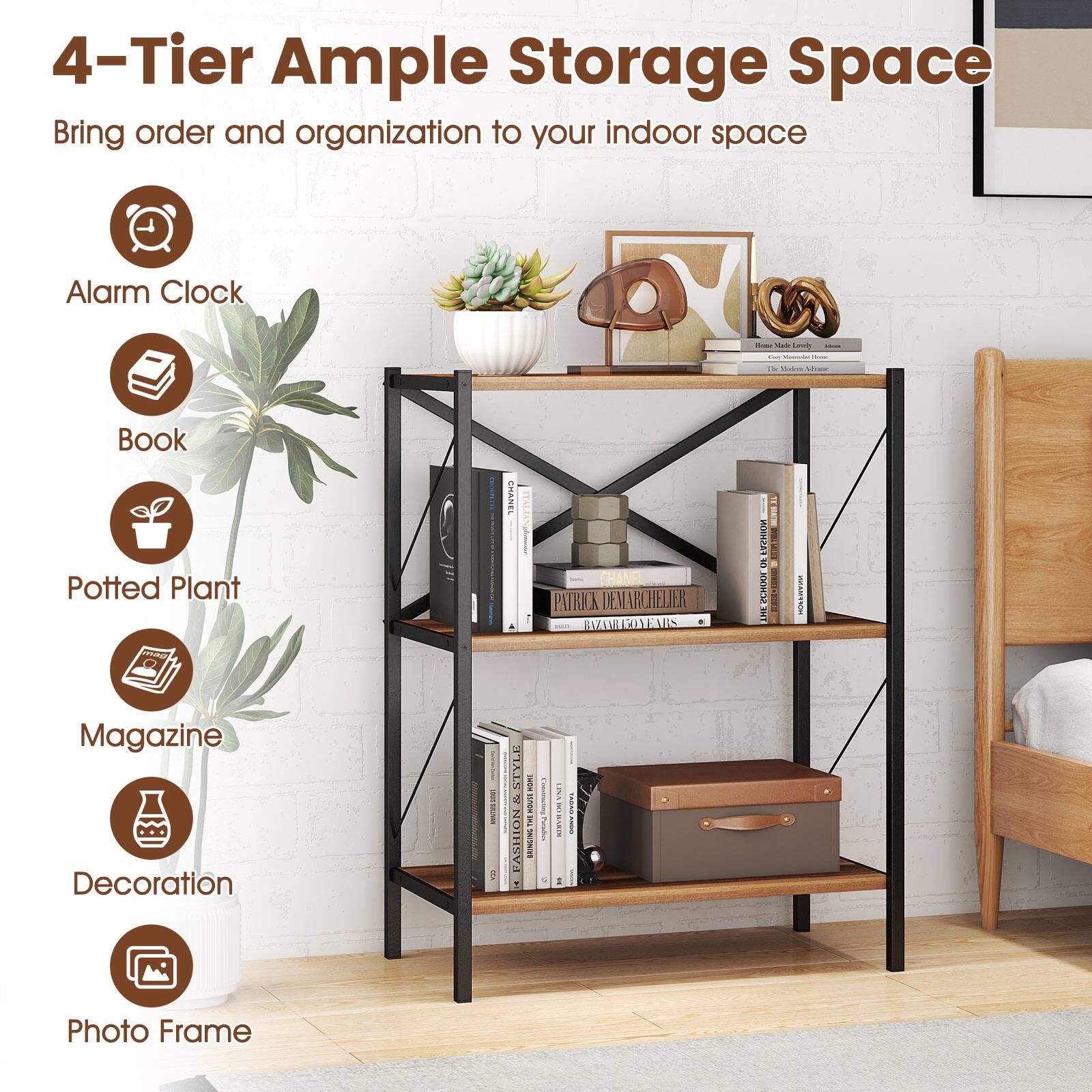 4-Tier Ample Storage Space  
Bring order and organization to your indoor space  

- Alarm Clock  
- Book  
- Potted Plant  
- Magazine  
- Decoration  
- Photo Frame