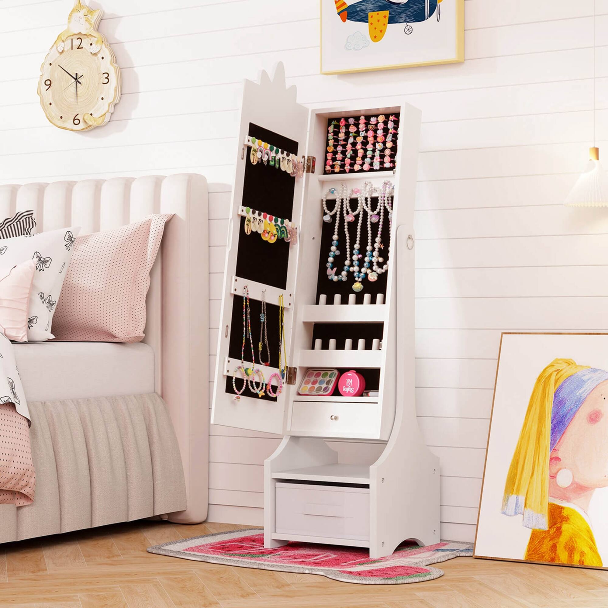 Alt View 1. Costway - Costway Kids Jewelry Cabinet with Full-Length Mirror Drawer 2 Adjustable Tilt Angles - White.