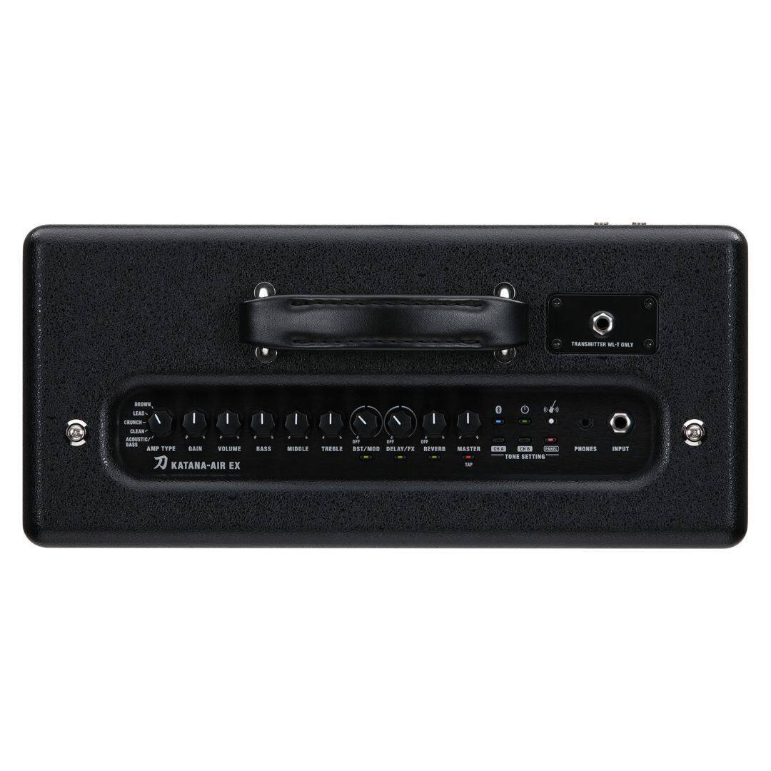 TRANSMITTER V1.0 ONLY

BROWN
LEAD
CLEAN
ACOUSTIC

AMP TYPE
GAIN
VOLUME
BASS
MIDDLE
TREBLE
BST/MOD

DELAY/FX
REVERB
MASTER
TAP
TONE SETTING

PHONES
INPUT

KATANA-AIR EX