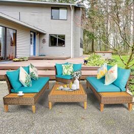 Gymax - 4PCS Rattan Patio Sofa Set Outdoor Furniture Set w/ Turquoise Cushions - as pic
