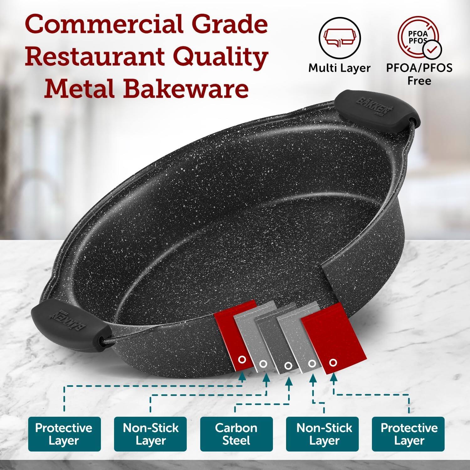 Commercial Grade Restaurant Quality Metal Bakeware, Multi Layer, PFOA/PFOS Free, Protective Layer, Non-Stick Layer, Carbon Steel, Non-Stick Layer, Protective Layer