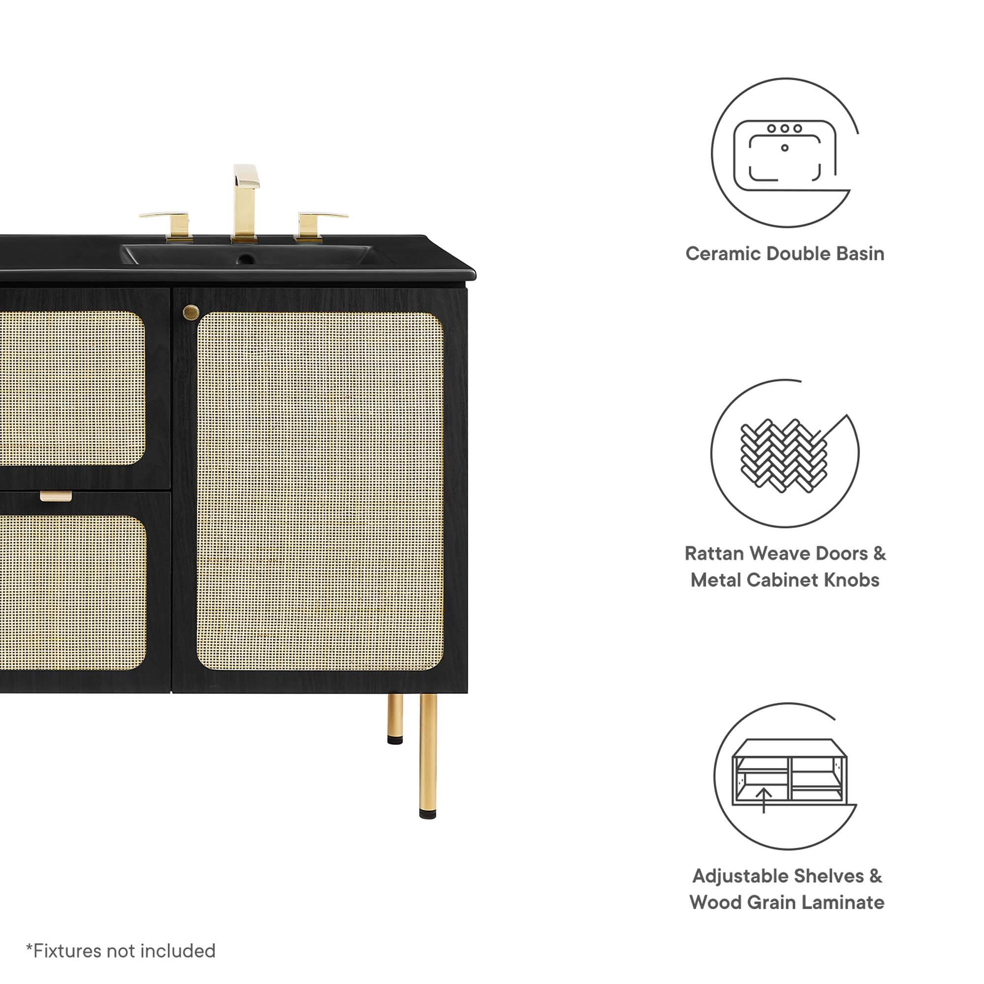 Ceramic Double Basin  
Rattan Weave Doors & Metal Cabinet Knobs  
Adjustable Shelves & Wood Grain Laminate  

*Fixtures not included