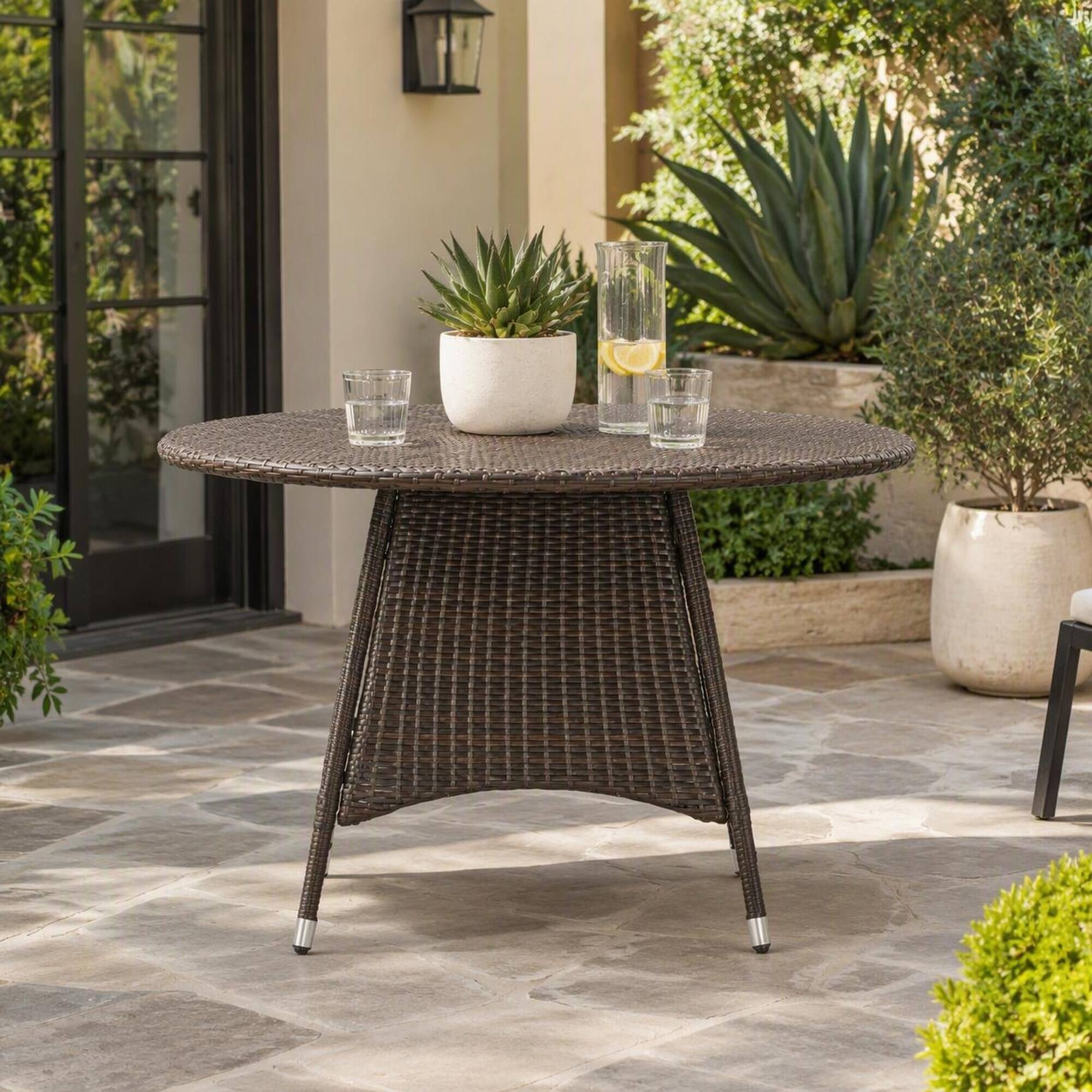 Left. RYHNUYNE - Dark Brown Wicker Round Patio Dining Table,Weather Resistant Rattan Outdoor Furniture for Garden Deck Porch - Brown.