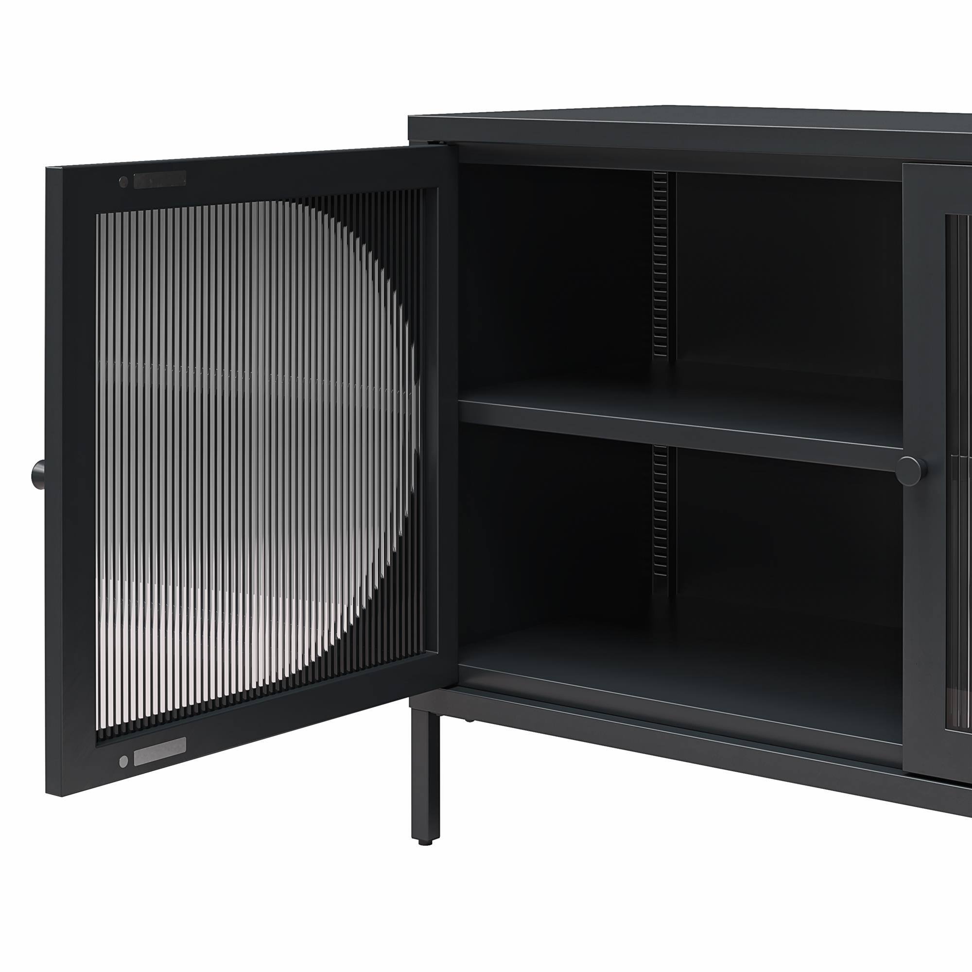 Alt View 2. Aukfa - Wide 2-Door Accent Cabinet - Fluted Glass Doors, Metal Frame, 39.4"W x 25.2"H, 2 Shelves (1 Adjustable) - Black.