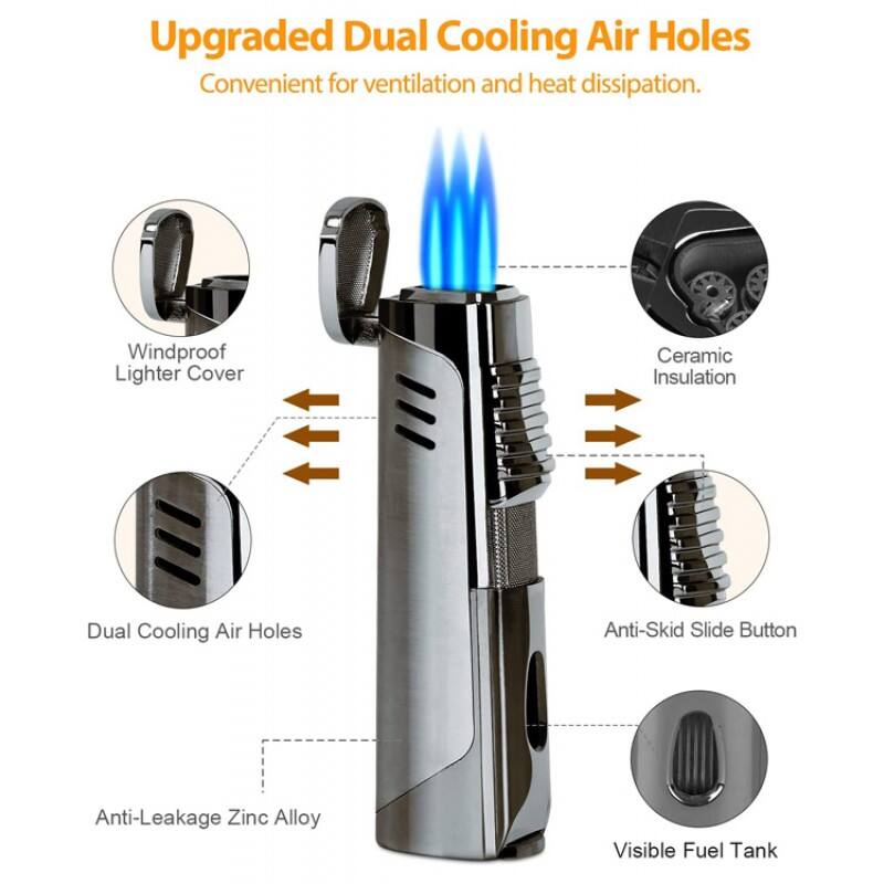 Upgraded Dual Cooling Air Holes  
Convenient for ventilation and heat dissipation.  

Windproof Lighter Cover  
Ceramic Insulation  
Dual Cooling Air Holes  
Anti-Skid Slide Button  
Anti-Leakage Zinc Alloy  
Visible Fuel Tank
