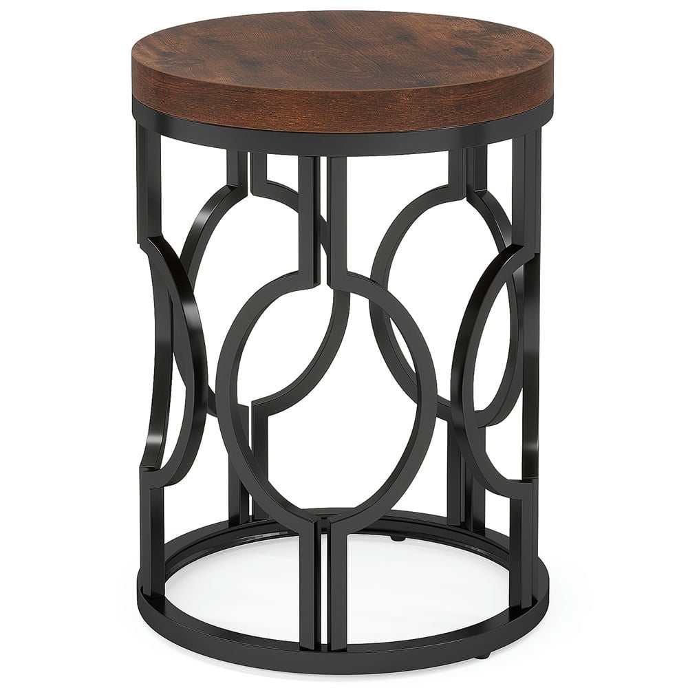 Resenkos - Kadyn Sofa Side End Table, Round Couch Table, Industrial Side Table with Metal Hollow Frame,Rustic - Brown