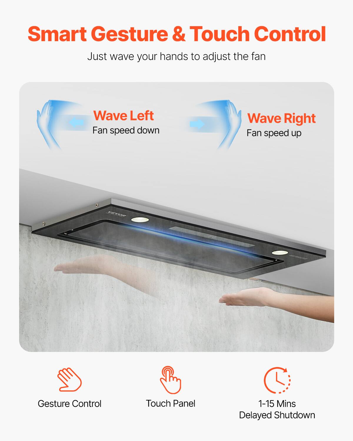 Smart Gesture & Touch Control  
Just wave your hands to adjust the fan  

Wave Left  
Fan speed down  

Wave Right  
Fan speed up  

Gesture Control  
Touch Panel  
1-15 Mins Delayed Shutdown