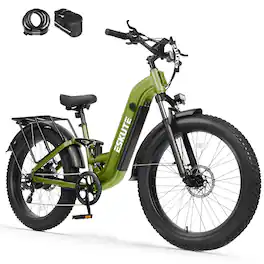Eskute - 26" Step-Thru Fat Tire Electric Bike, 1500W Peak Motor, 80-Mile Range, Full Suspension, with Phone Bag & Lock - Green