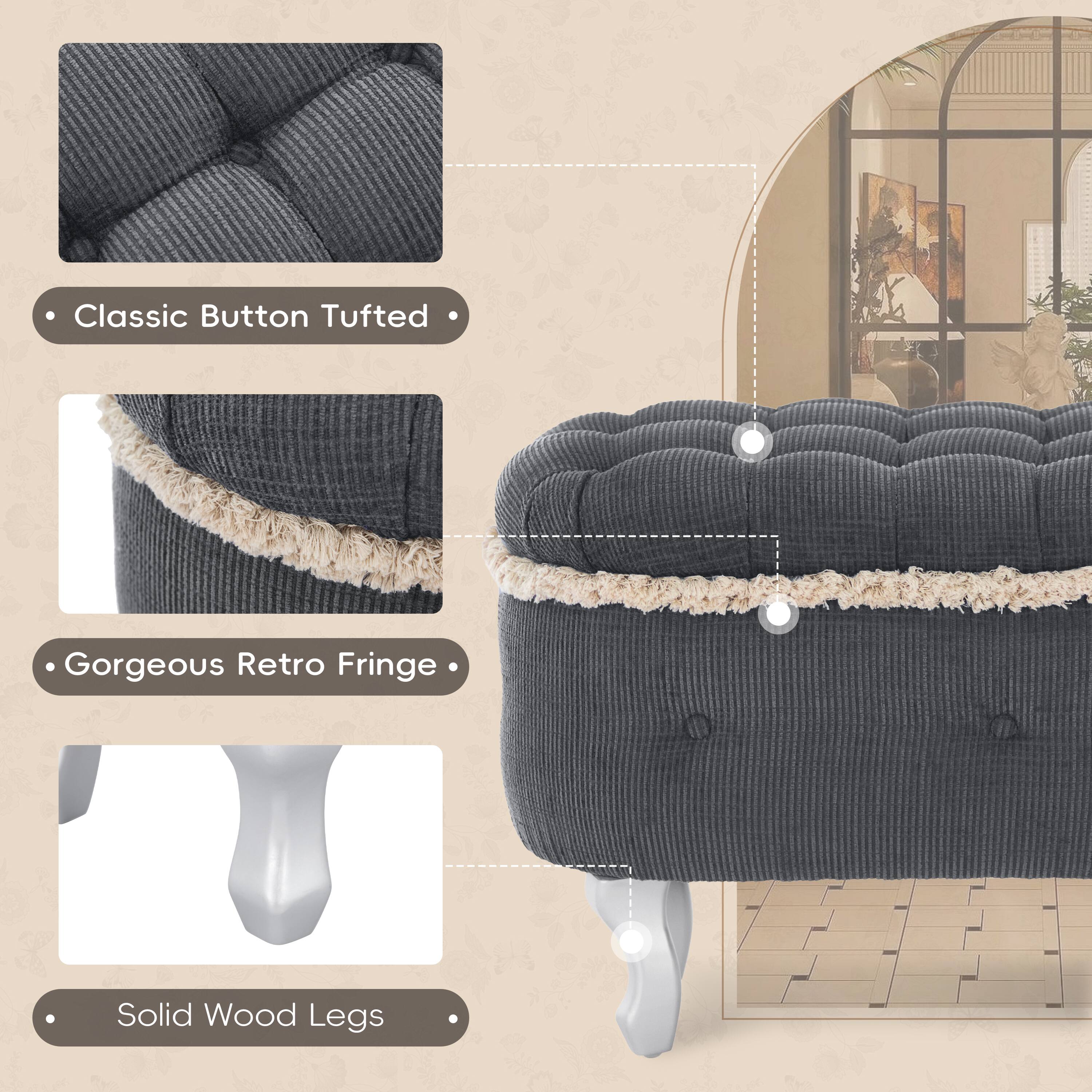Classic Button Tufted  
Gorgeous Retro Fringe  
Solid Wood Legs