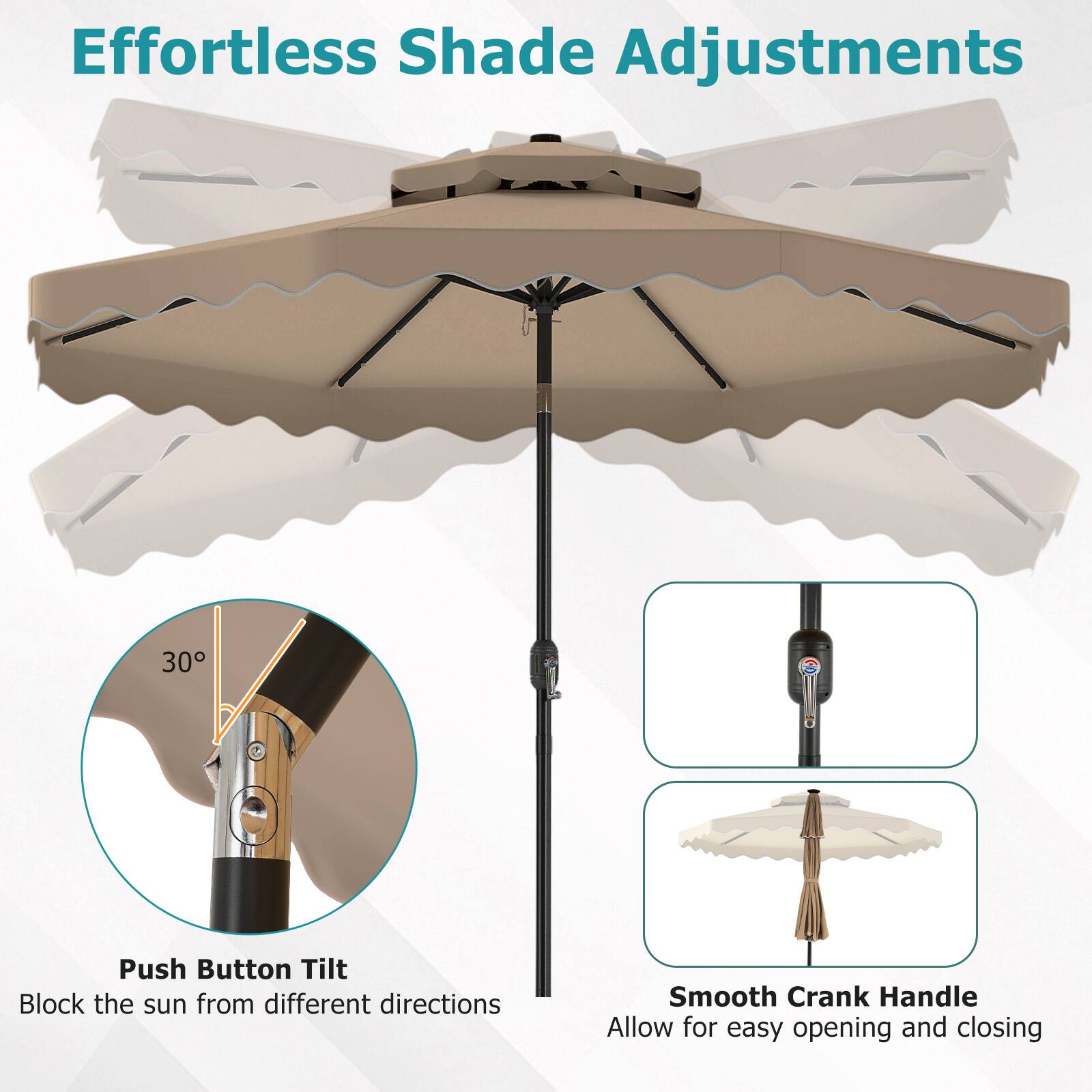 Effortless Shade Adjustments

- Push Button Tilt
  - Block the sun from different directions

- Smooth Crank Handle
  - Allow for easy opening and closing