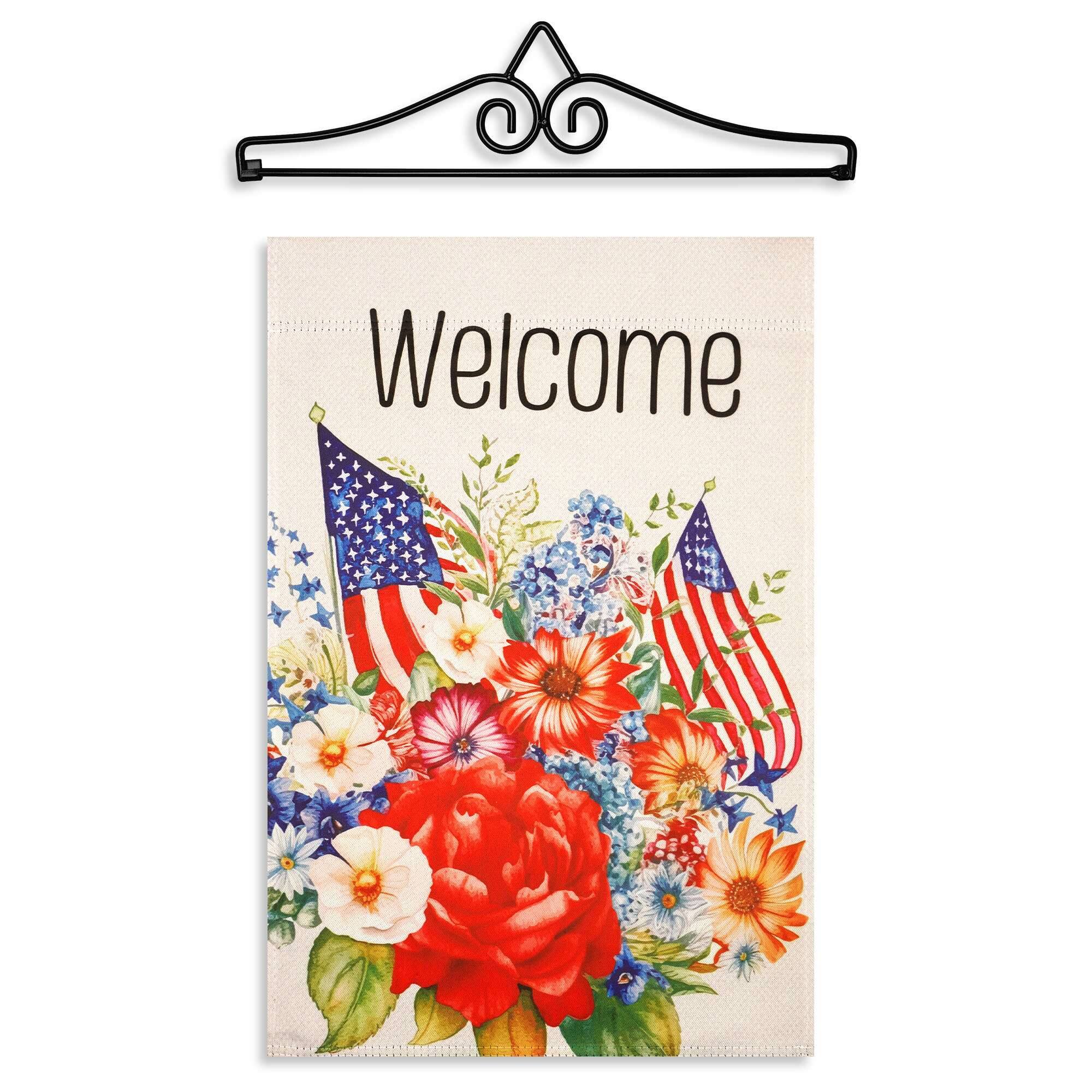 Front. G128 - Combo 14 in Garden Flag Hanger with 12 x 18 in Double-Sided Printed Welcome American Flag. - Multicolor.