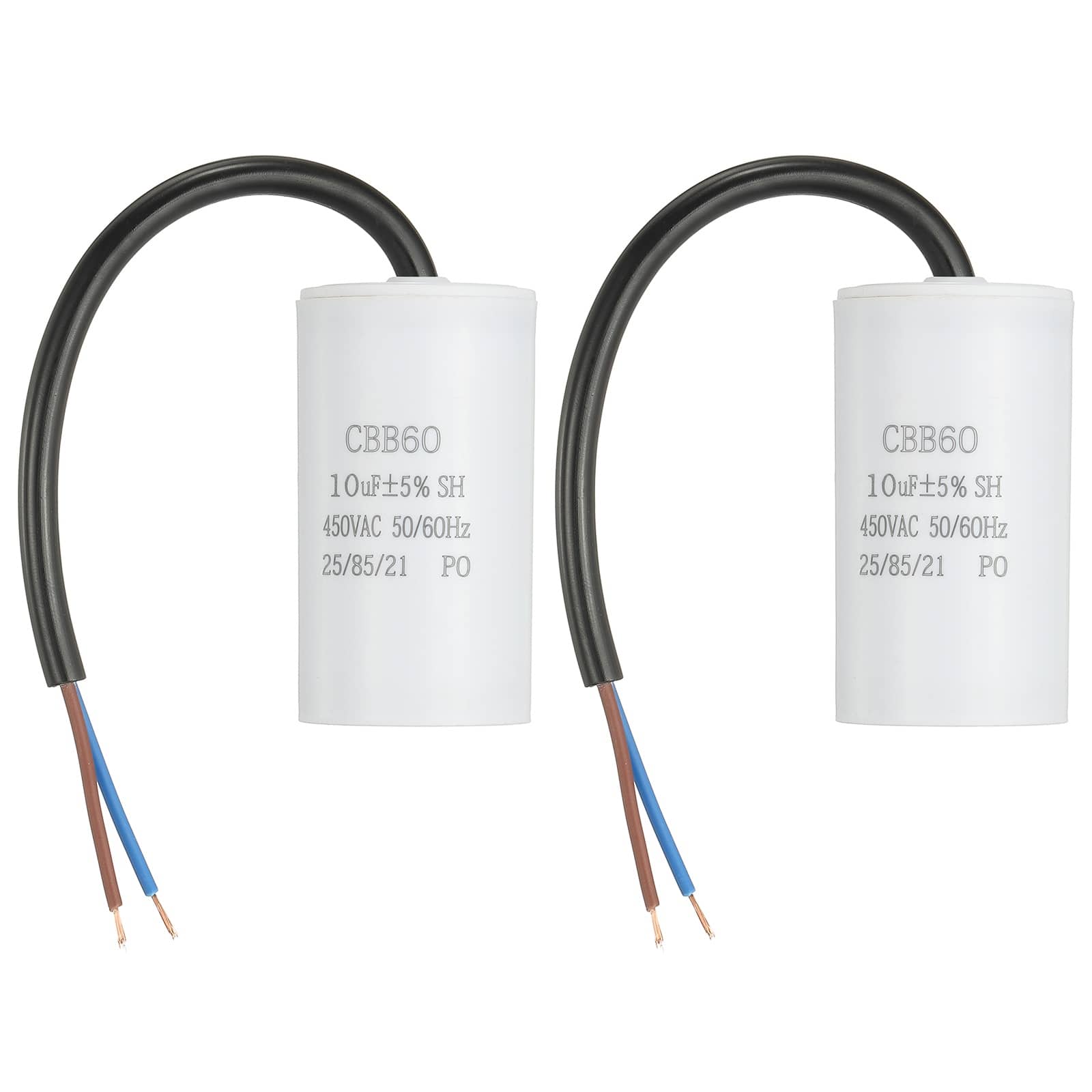 Unique Bargains - 2pcs 10uF CBB60 Run Capacitor, AC 450V 2 Wires 50/60Hz Cylinder 65x34mm for Air Compressor, Water Pump - White