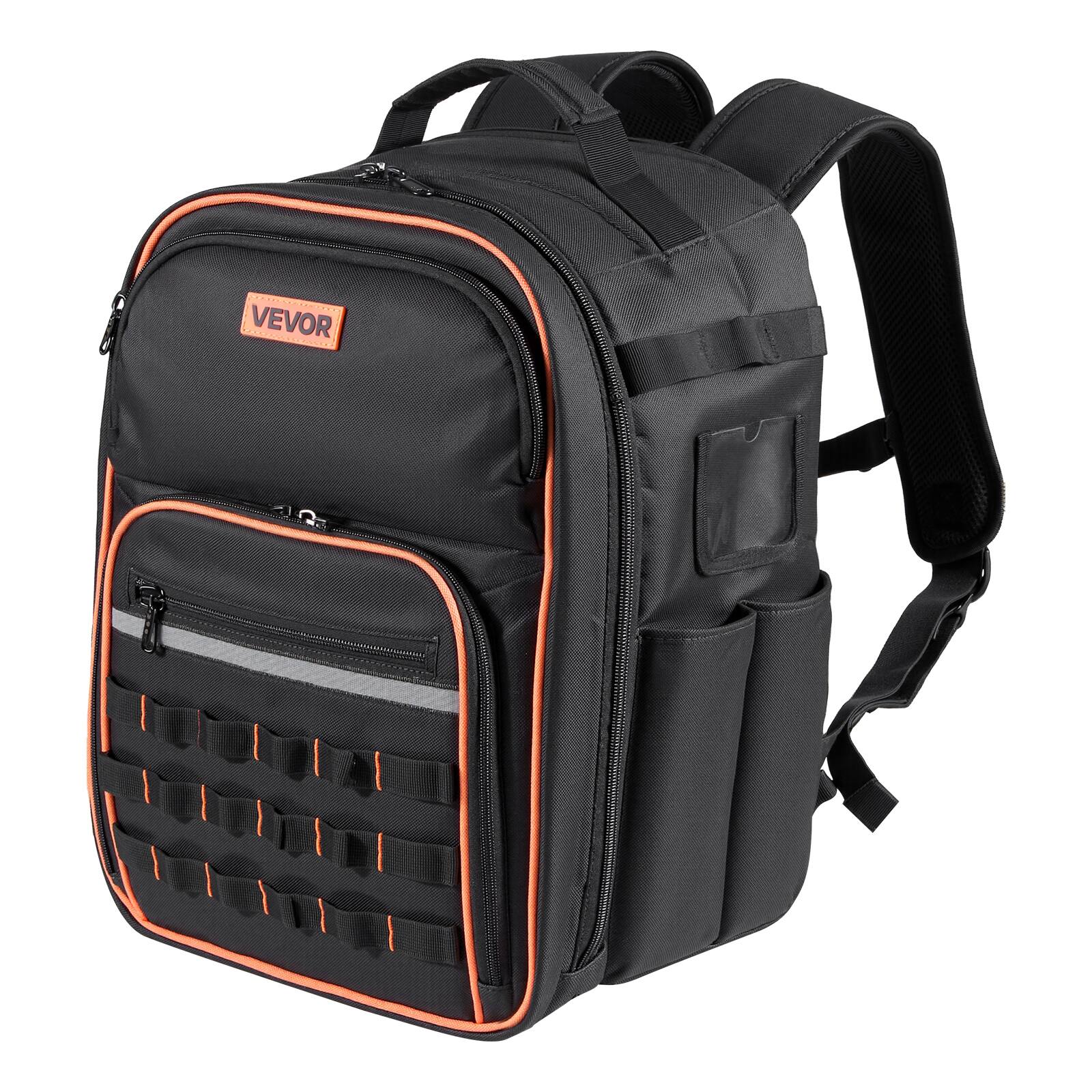 Alt View 5. VEVOR - Tool Backpack, 49 Pockets, Heavy-duty Tools Storage Organizer Work Bags with Laptop Compartment & Reinforced Fabric Base - Black & Orange.