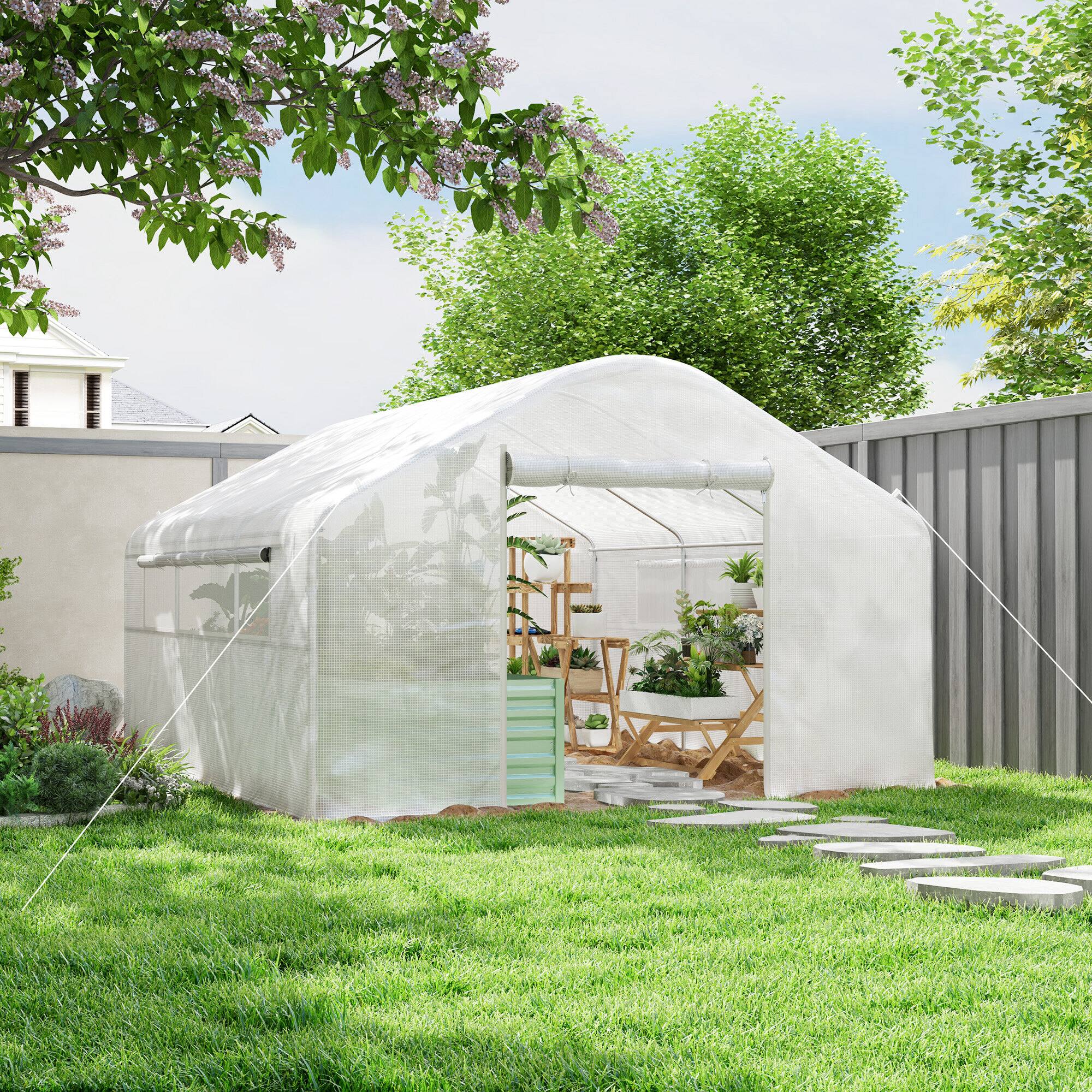 Alt View 1. Outsunny - 13' x 10' x 6.5' Hoop House Greenhouse with Large Windows and Zippered Door, Large Walk-In Tunnel Green House - White.