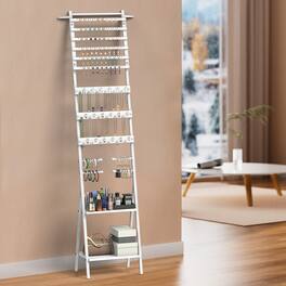 Oumilen - Leaning Jewelry Storage Ladder Rack, White Wood Metal Freestanding Earring Necklace Bracelet Organizer - White