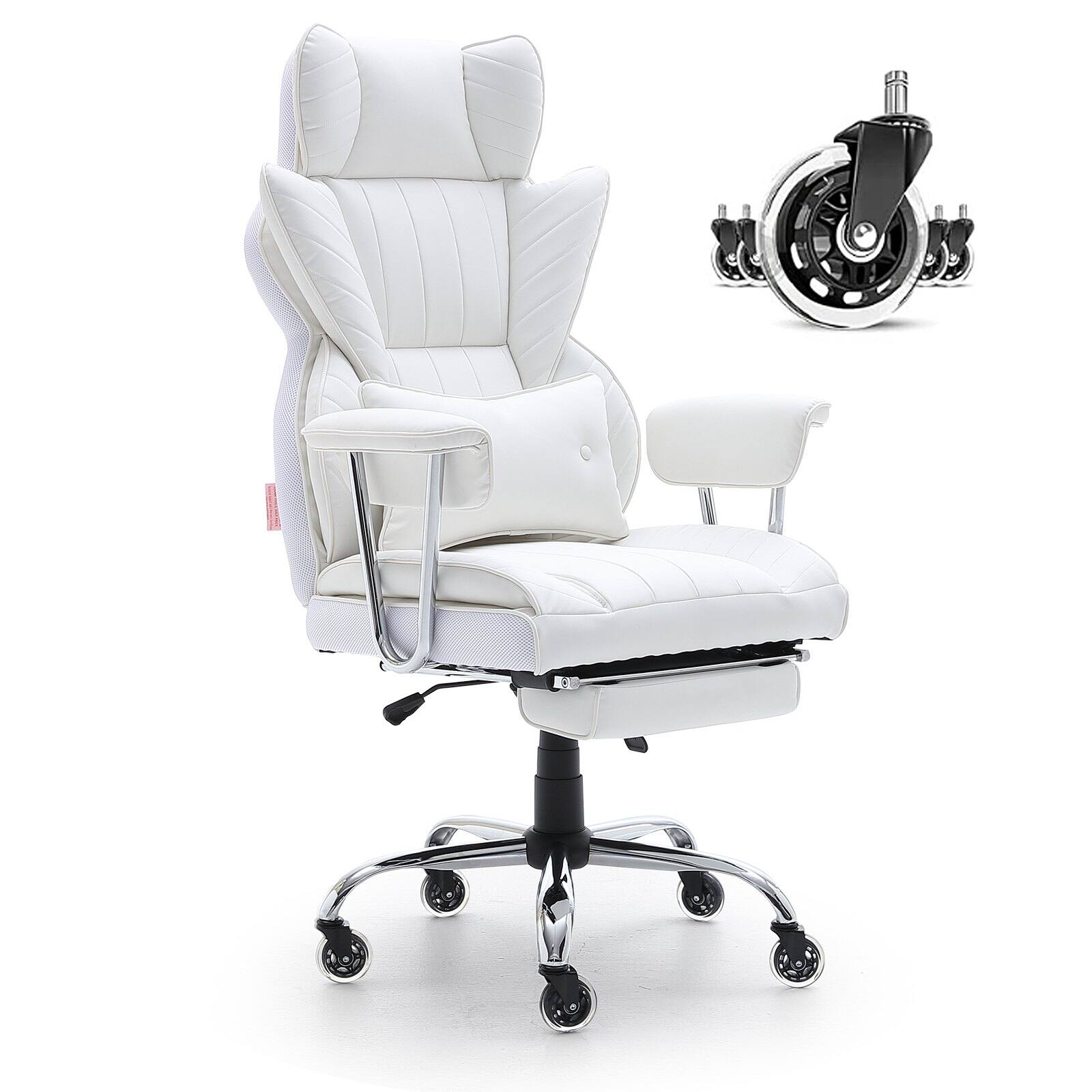 Glintex - Reclining Office Chair with Footrest, Wide PU Leather Executive Desk Chair with Lumbar Support and Heavy-Duty Base - White