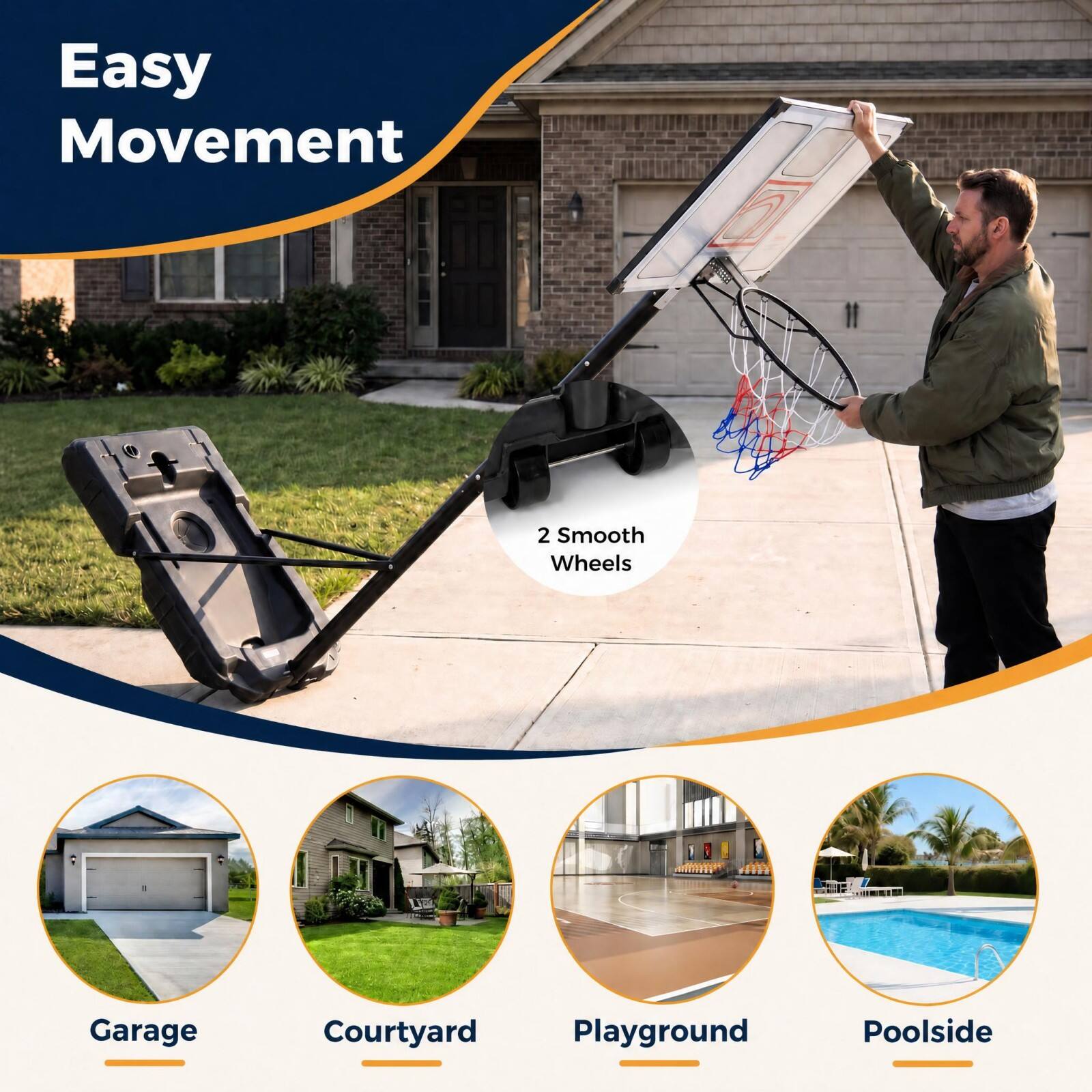 Easy Movement  
2 Smooth Wheels  
Garage  
Courtyard  
Playground  
Poolside