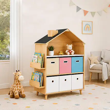 Front. Malletson - House-Style Kids Toy Storage Organizer - Multi-Functional Bookcase and Cabinet with Bins for Playroom - Multicolor.