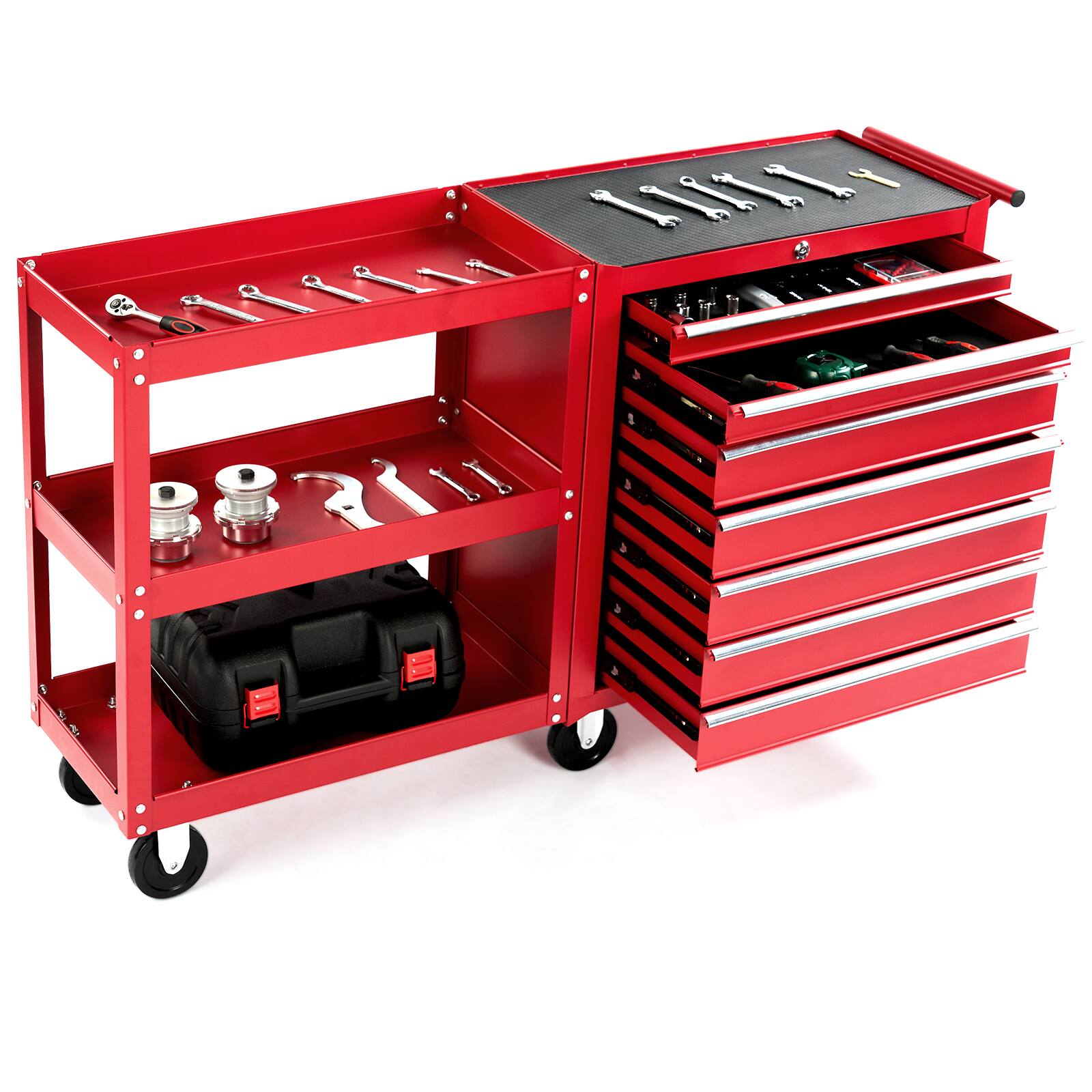 Back. Winado - 7-Drawer Tool Chest with Side Shelves, Lock & Key, 6 Wheels Tool Box Tool Storage Cart Organizer for Workshop and Garage - Red.