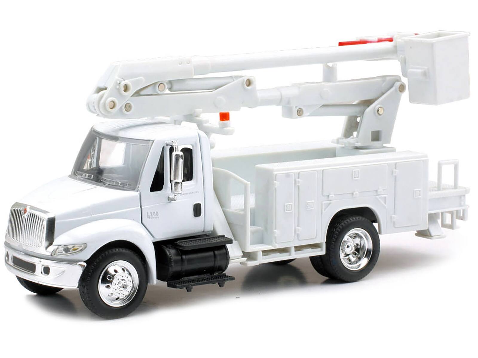 Angle. New Ray - International 4200 Line Maintenance Service Truck White "Long Haul Trucker" Series 1/43 Diecast Model by New Ray - White.