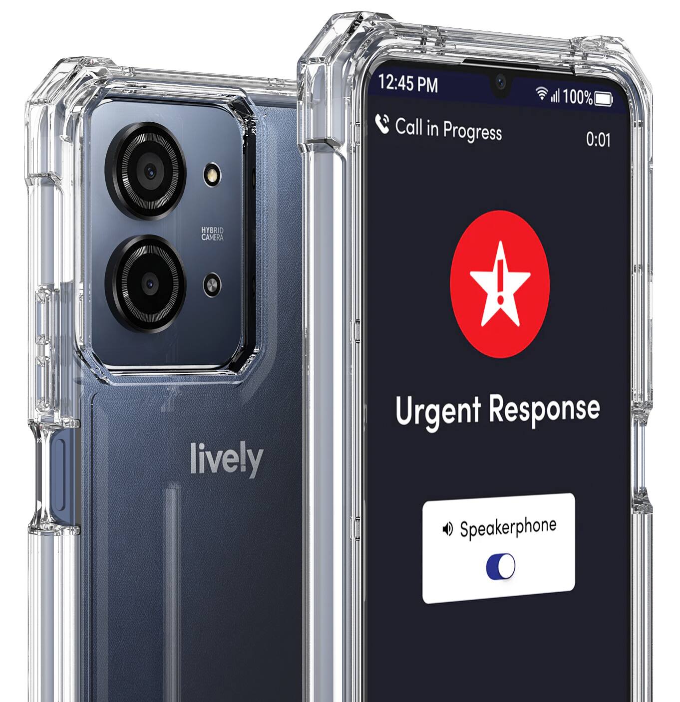 12:45 PM Call in Progress  
all 100% 0:01  
HYBRID CAMERA  
lively  
Urgent Response Speakerphone