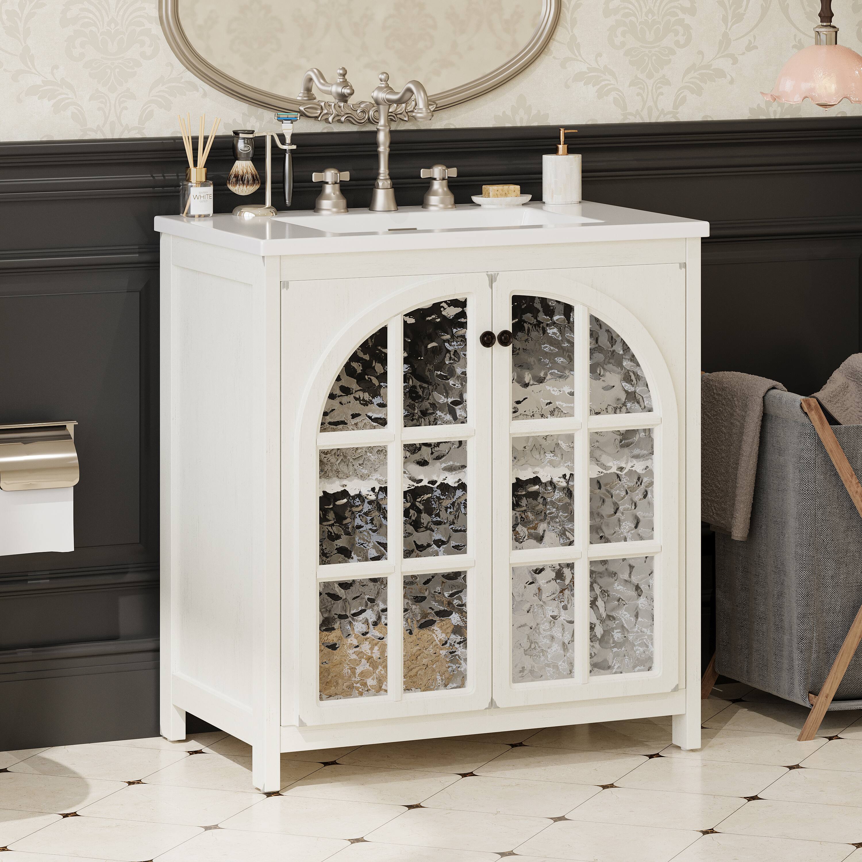 Alt View 8. Glintex - 31" Bathroom Vanity with Ceramic Sink, Vintage Farmhouse Style, Soft-Closing Doors, Storage Cabinet for Bathroom - Antique White.