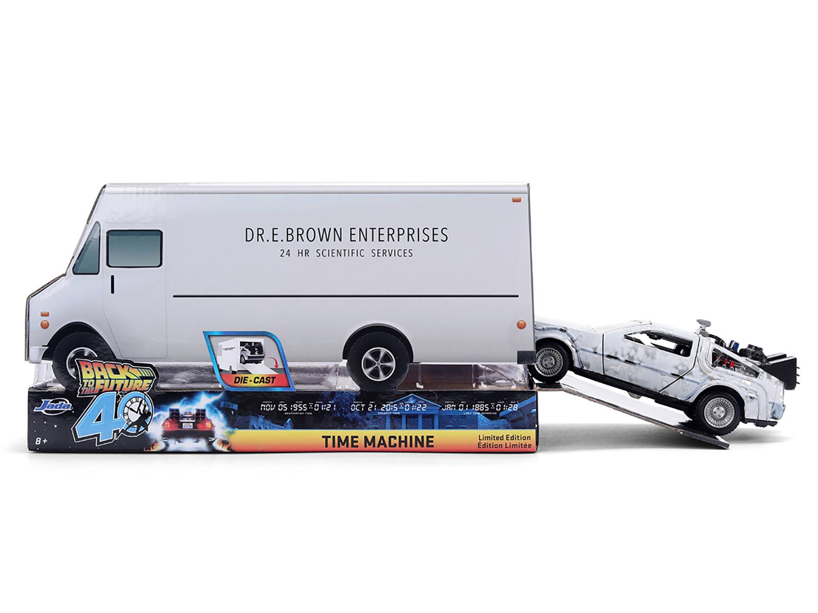 DR. E. BROWN ENTERPRISES  
24 HR SCIENTIFIC SERVICES  

BACK TO THE FUTURE  
TIME MACHINE  

DIE-CAST  
4"  

Limited Edition  
Edition Limitée  

Jada  

8+